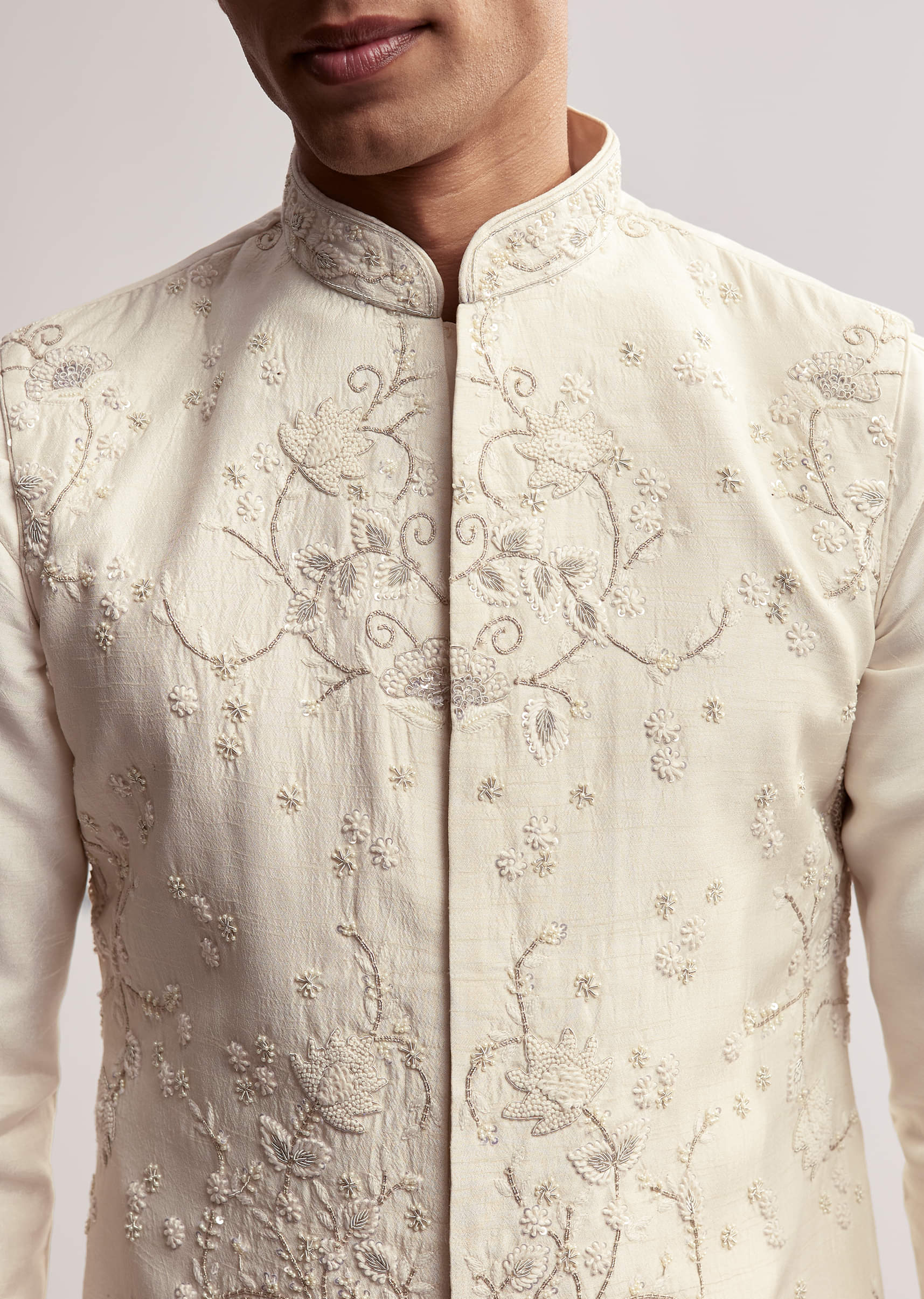 Cream Silk Kurta Jacket Set For Men With Floral Hand Embroidery - Image 2