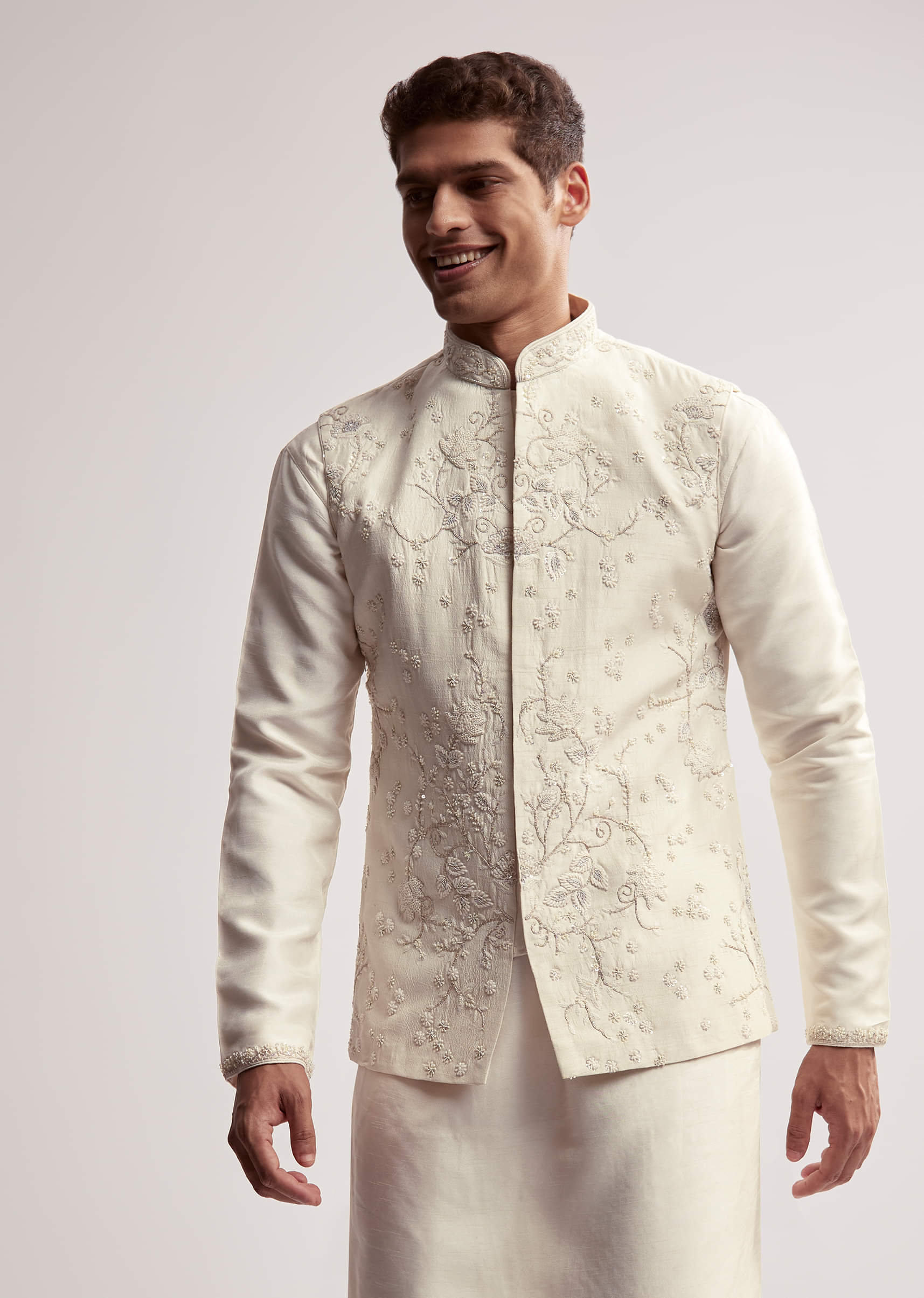 Cream Silk Kurta Jacket Set For Men With Floral Hand Embroidery - Image 4