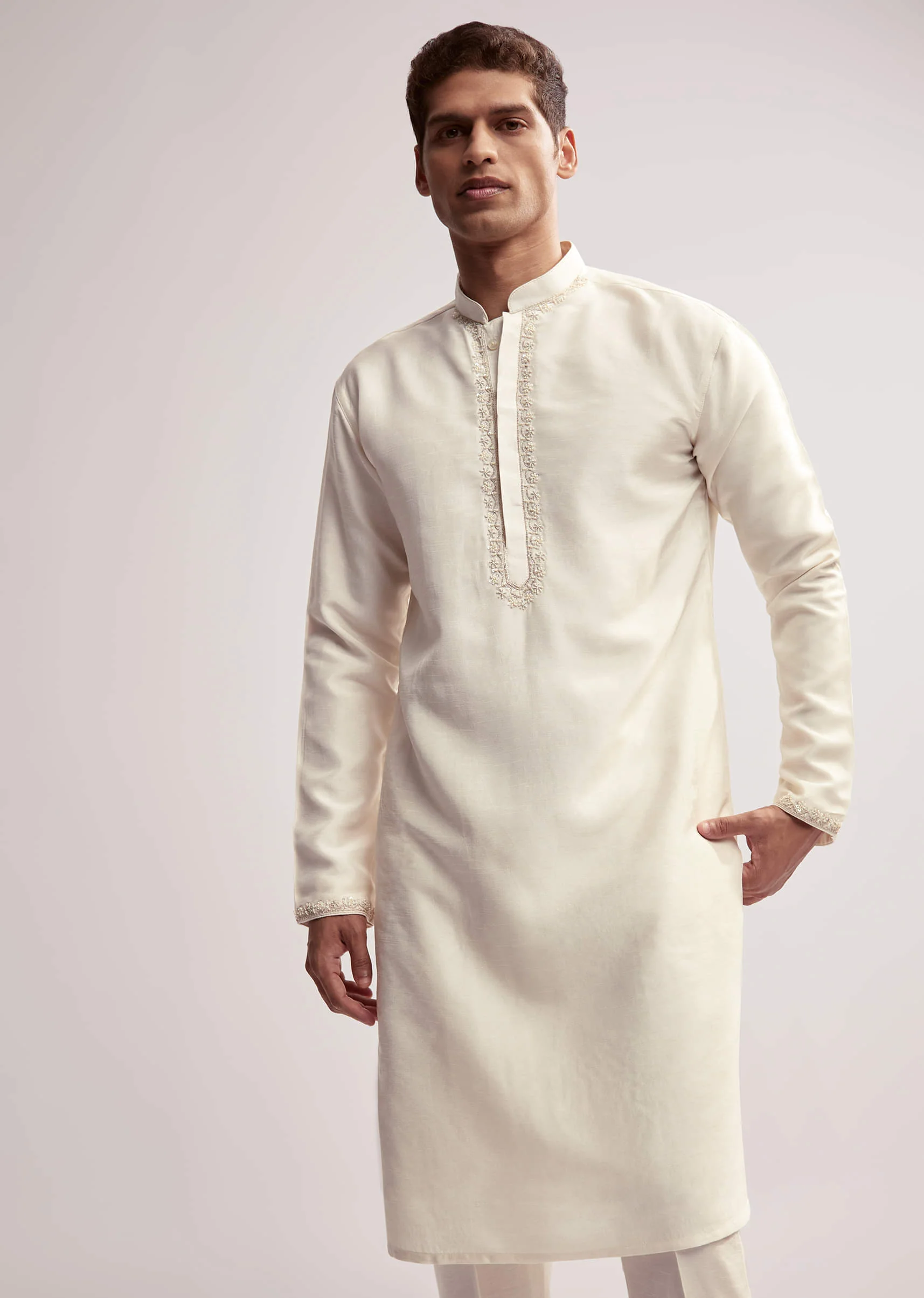 Cream Silk Kurta Jacket Set For Men With Floral Hand Embroidery - Image 6