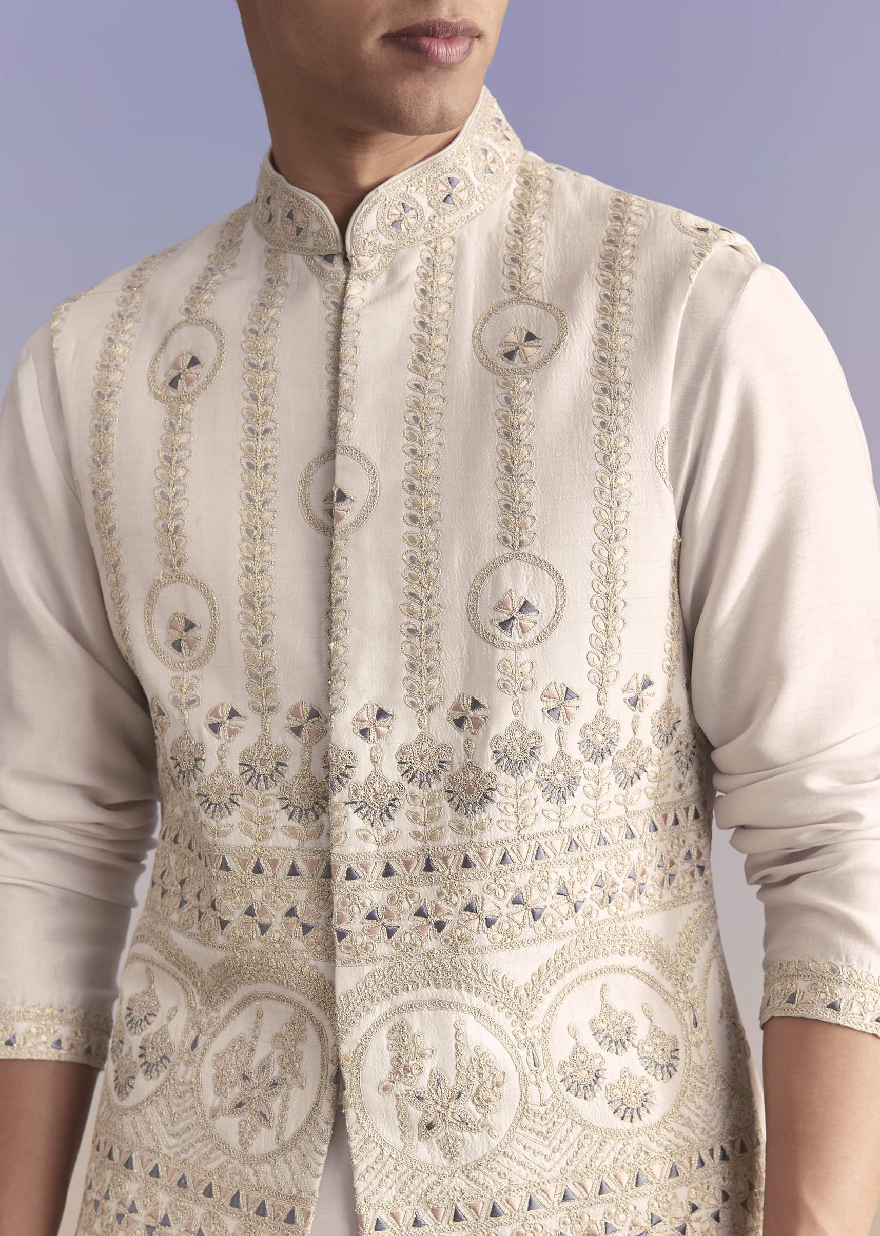 Cream Silk Kurta Jacket Set For Men With Subtle Thread Work - Image 2