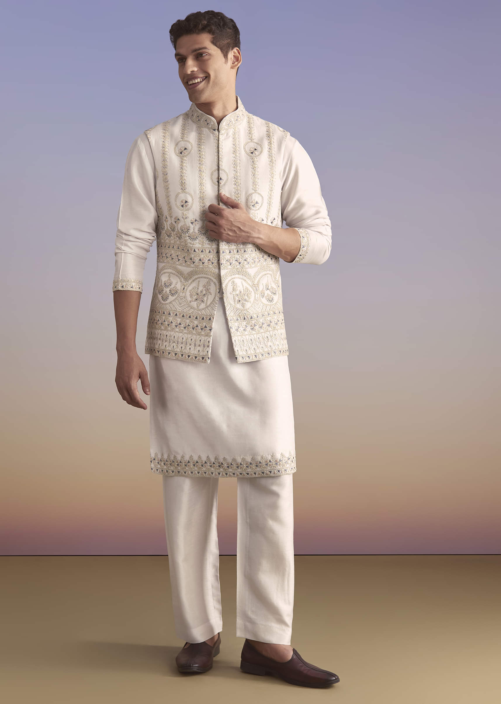 Cream Silk Kurta Jacket Set For Men With Subtle Thread Work - Image 3
