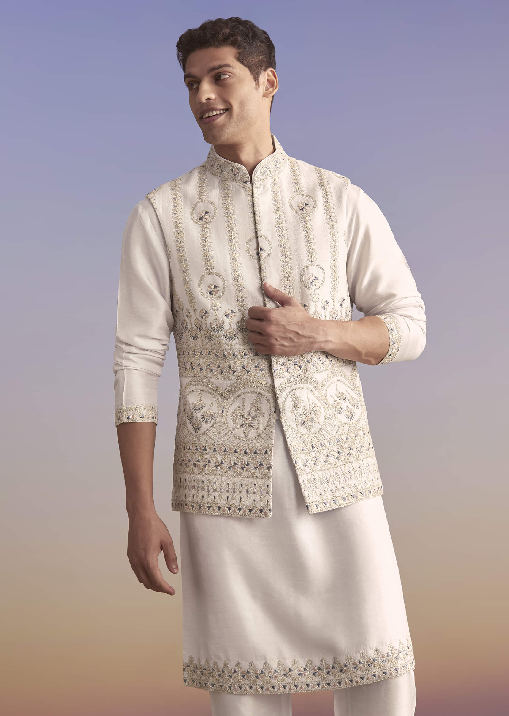 Cream Silk Kurta Jacket Set For Men With Subtle Thread Work - Image 4