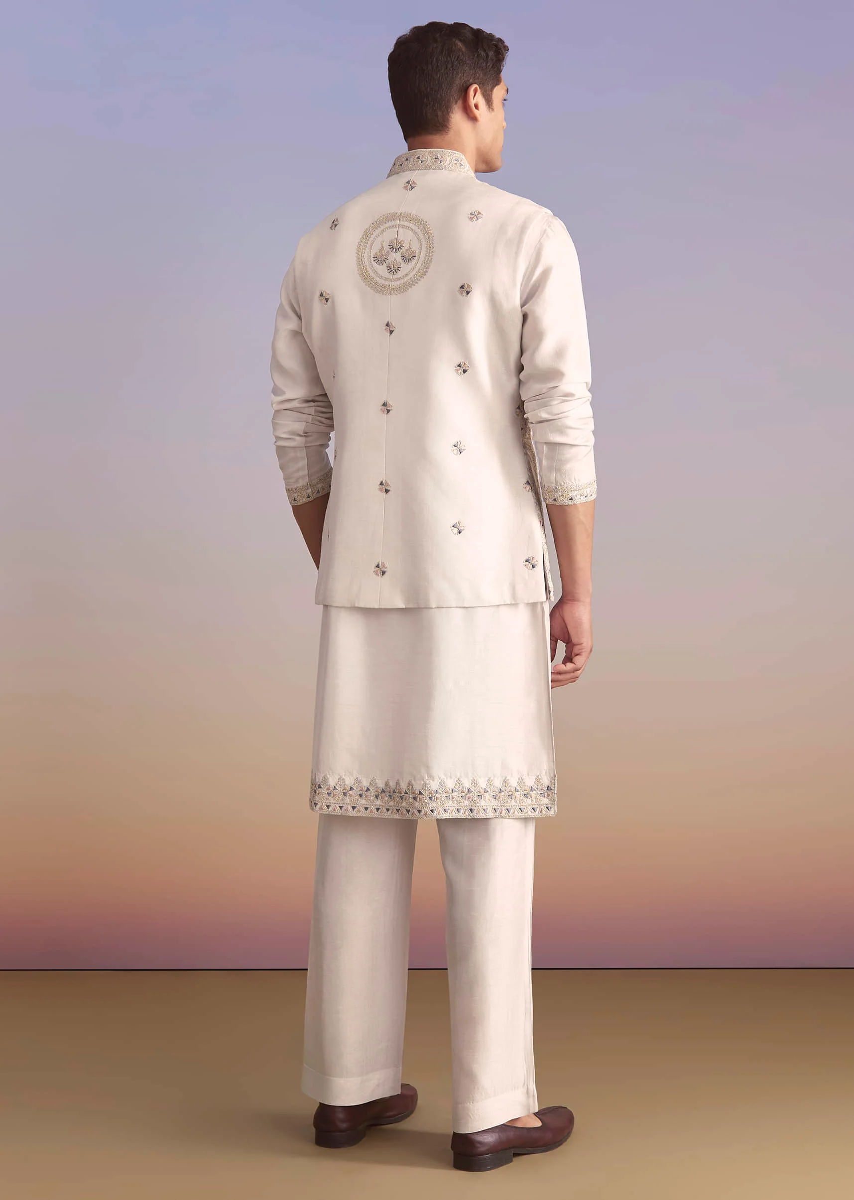Cream Silk Kurta Jacket Set For Men With Subtle Thread Work - Image 5