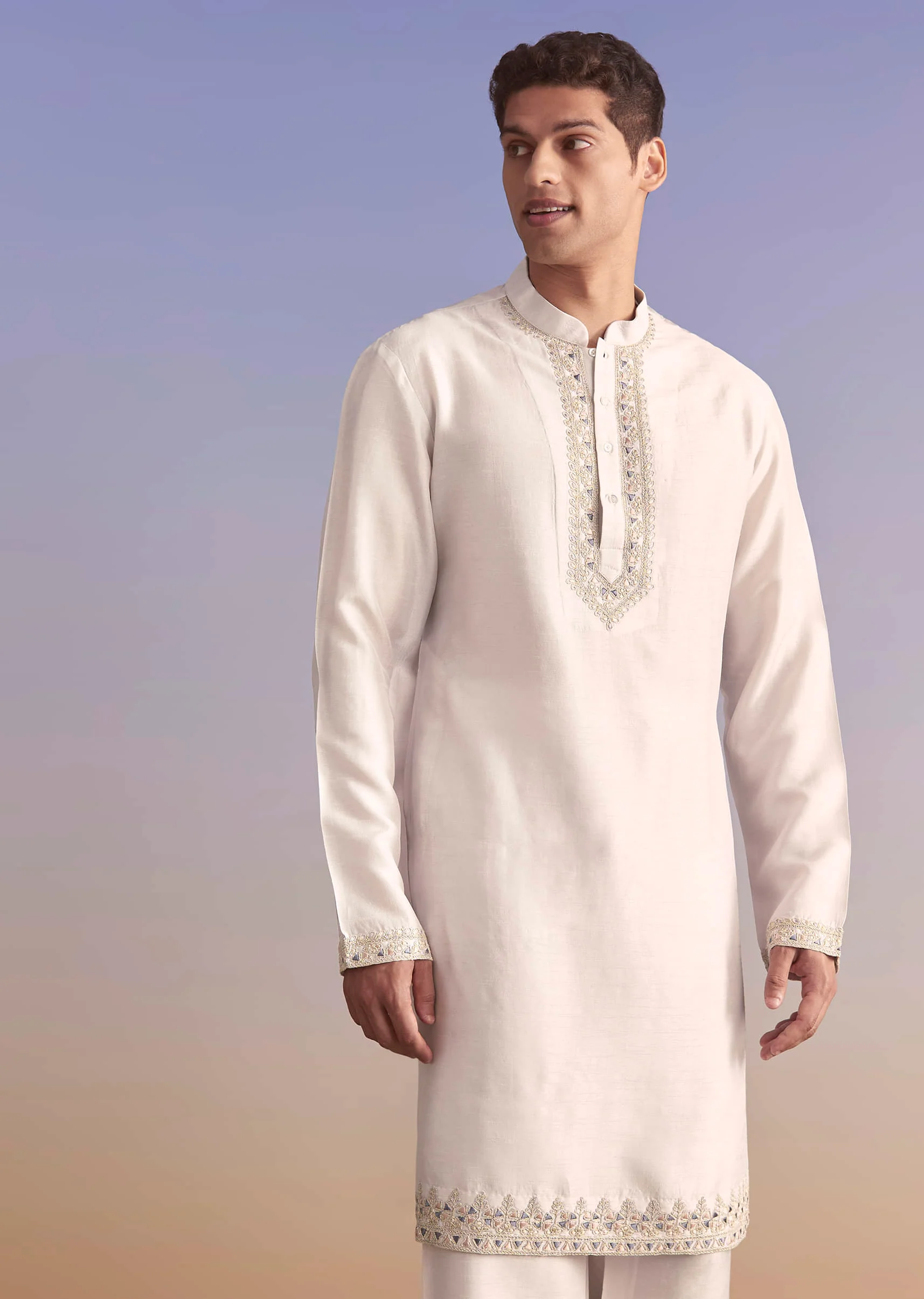 Cream Silk Kurta Jacket Set For Men With Subtle Thread Work - Image 6
