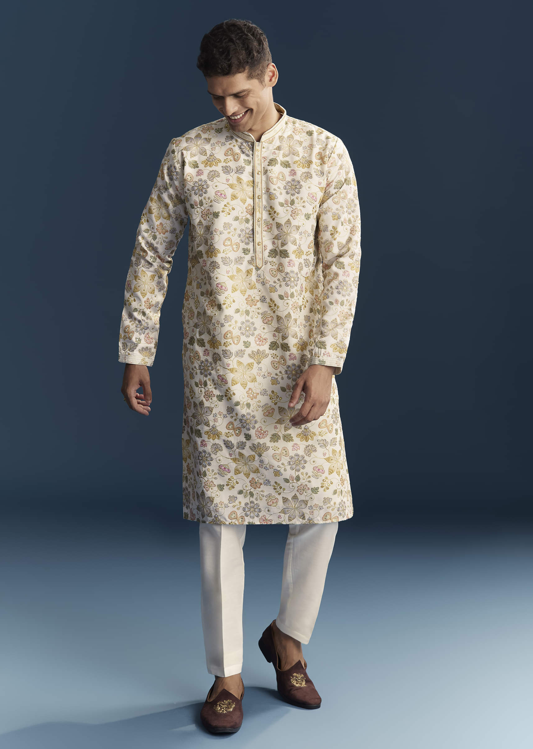 Cream Silk Kurta Set For Men With Resham Embroidery - Image 3