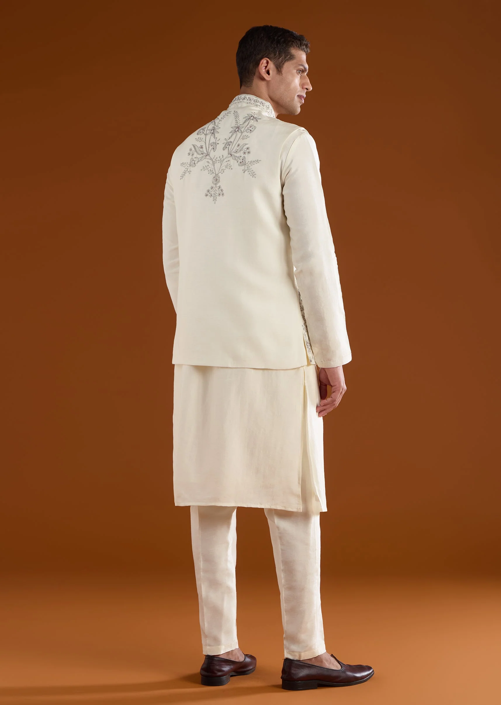 Cream Silk Mens Kurta Jacket Set With Thread Resham Moti And Sequins Work - Image 5