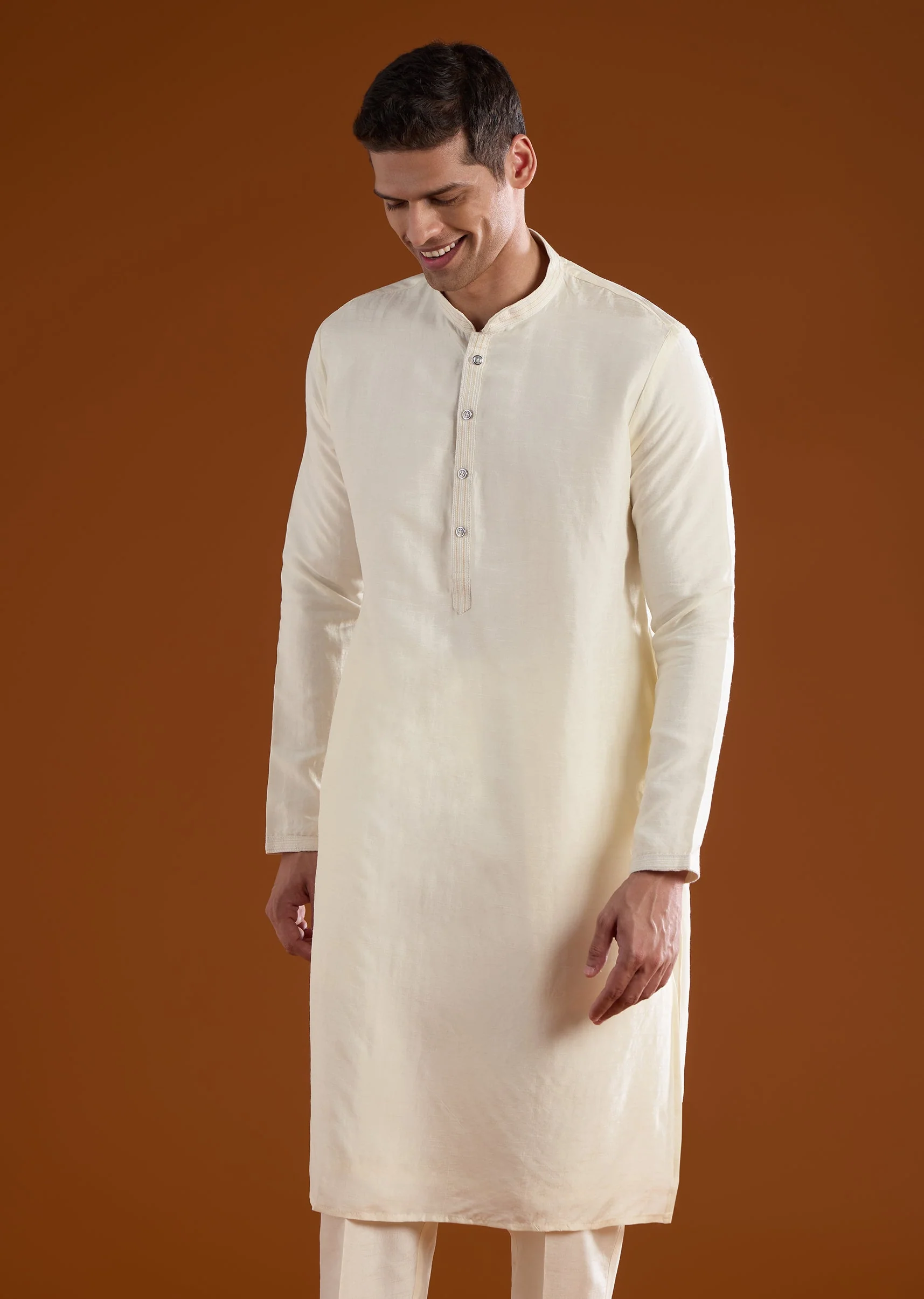 Cream Silk Mens Kurta Jacket Set With Thread Resham Moti And Sequins Work - Image 6