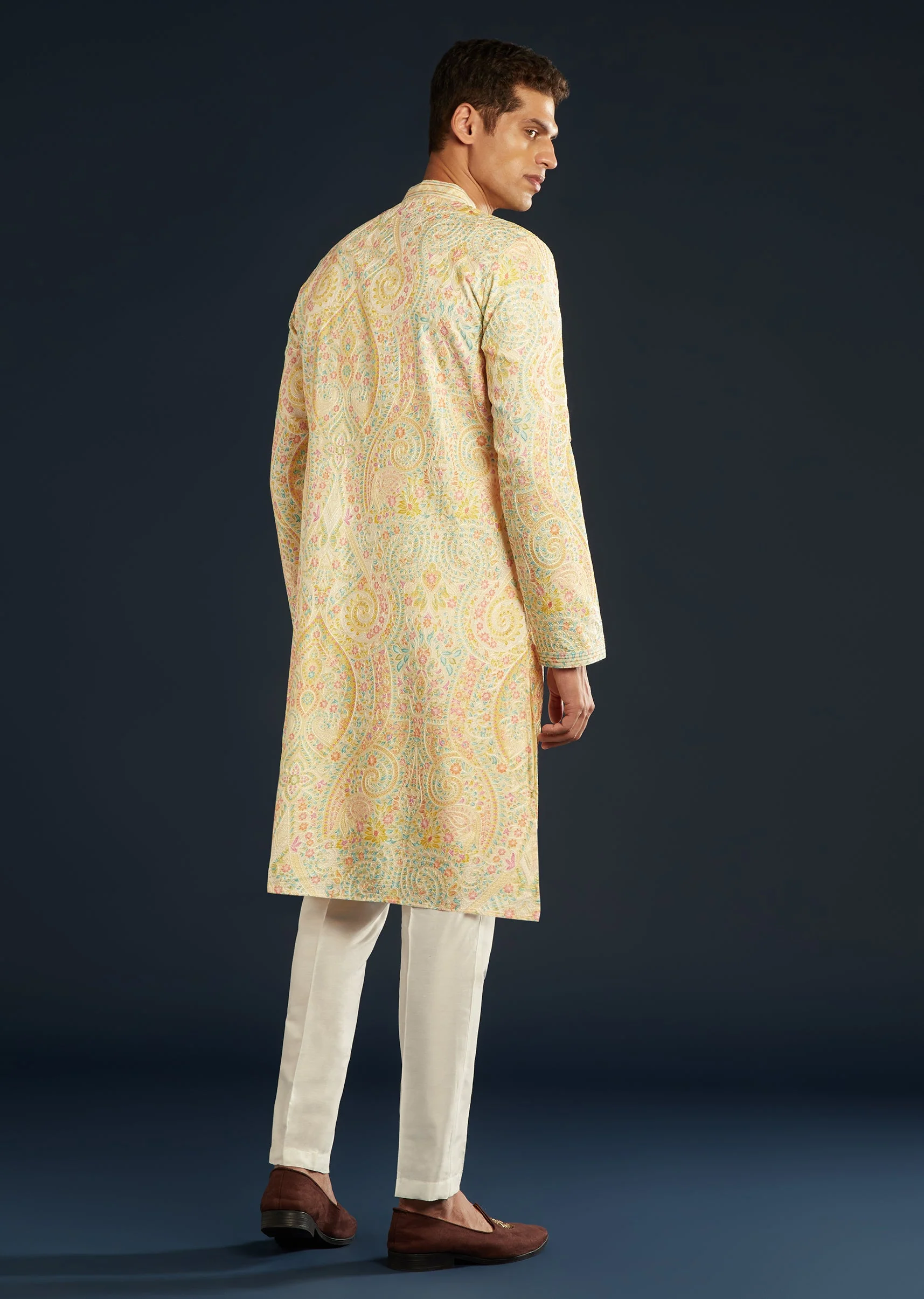 Cream Silk Mens Kurta Set with Thread Embroidery - Image 5