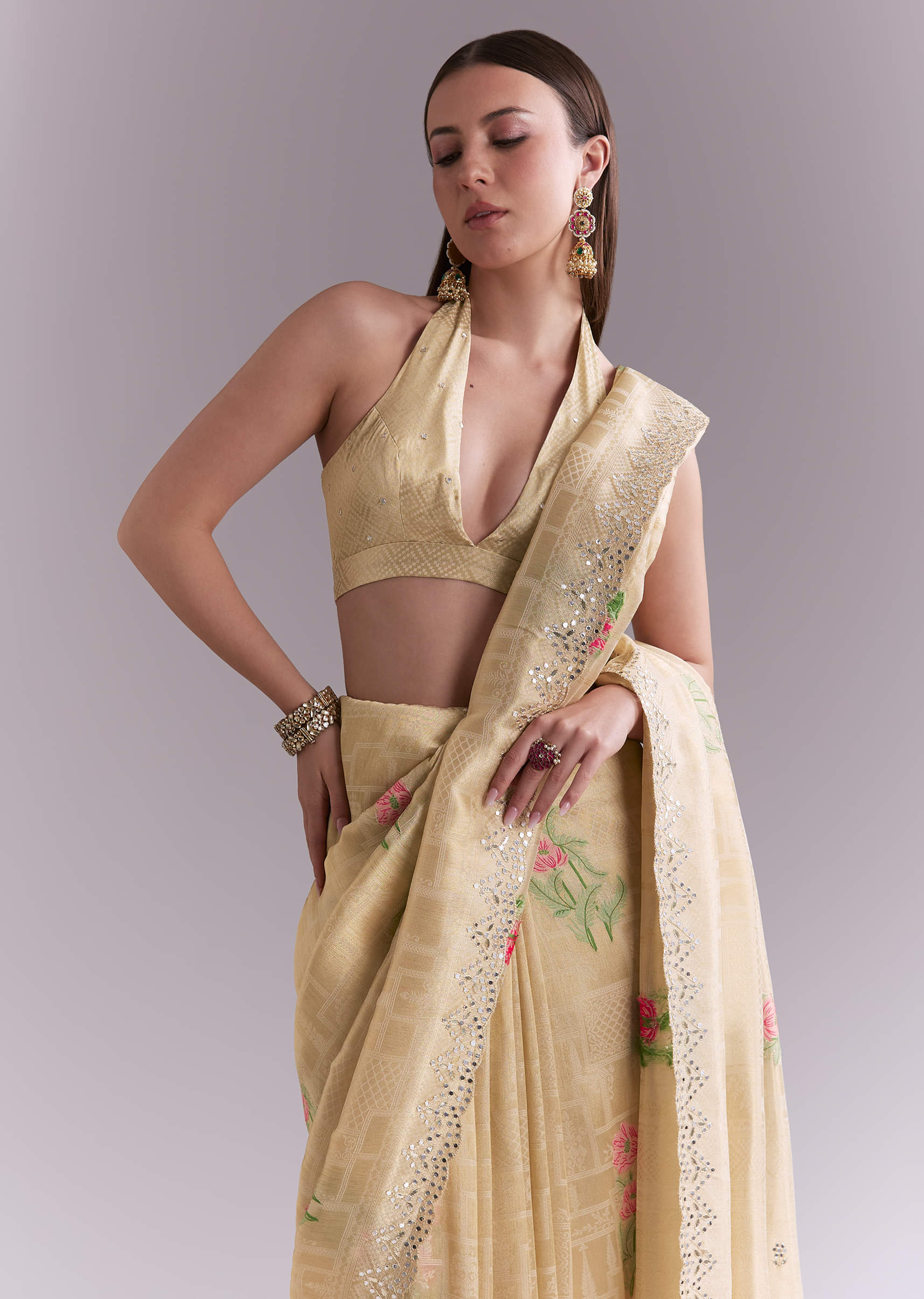 Cream Silk Saree With Floral Motifs And Gota Work - Image 3