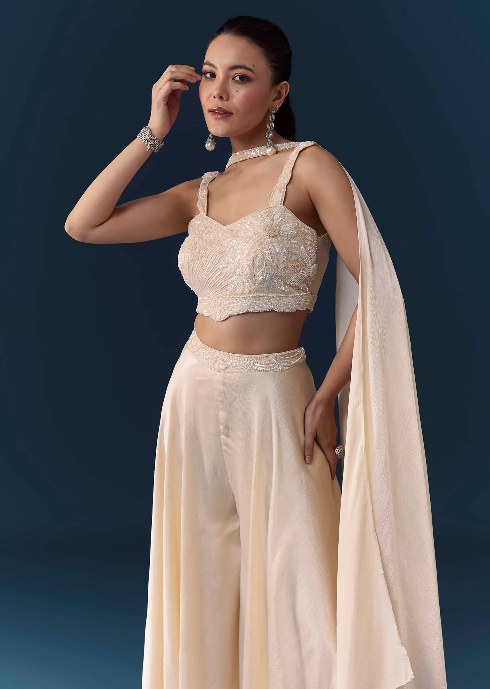 Cream Silk Sequin Work Crop Top Set with Dupatta - Image 4