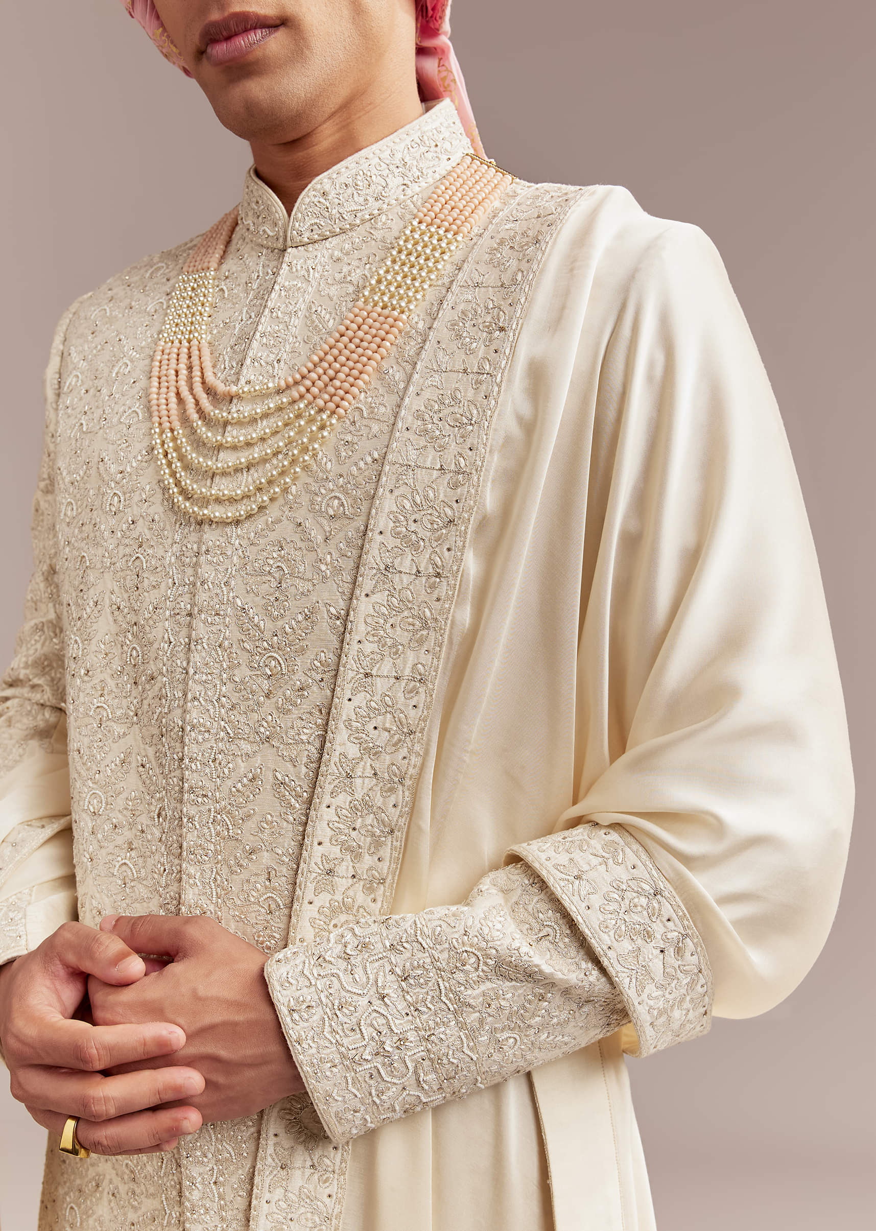 Cream Silk Sherwani For Groom With Floral And Geometric Embroidery - Image 2