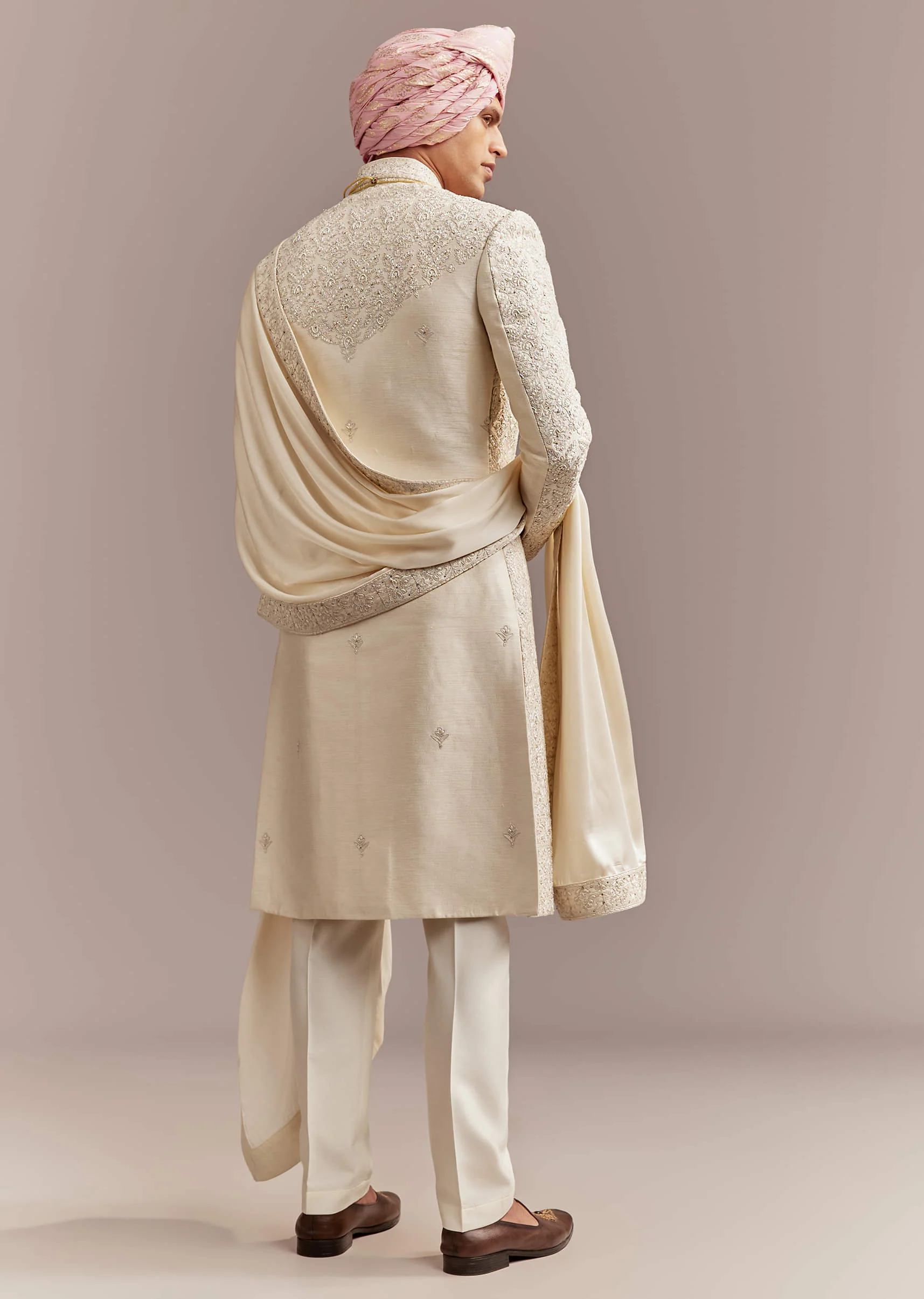 Cream Silk Sherwani For Groom With Floral And Geometric Embroidery - Image 5