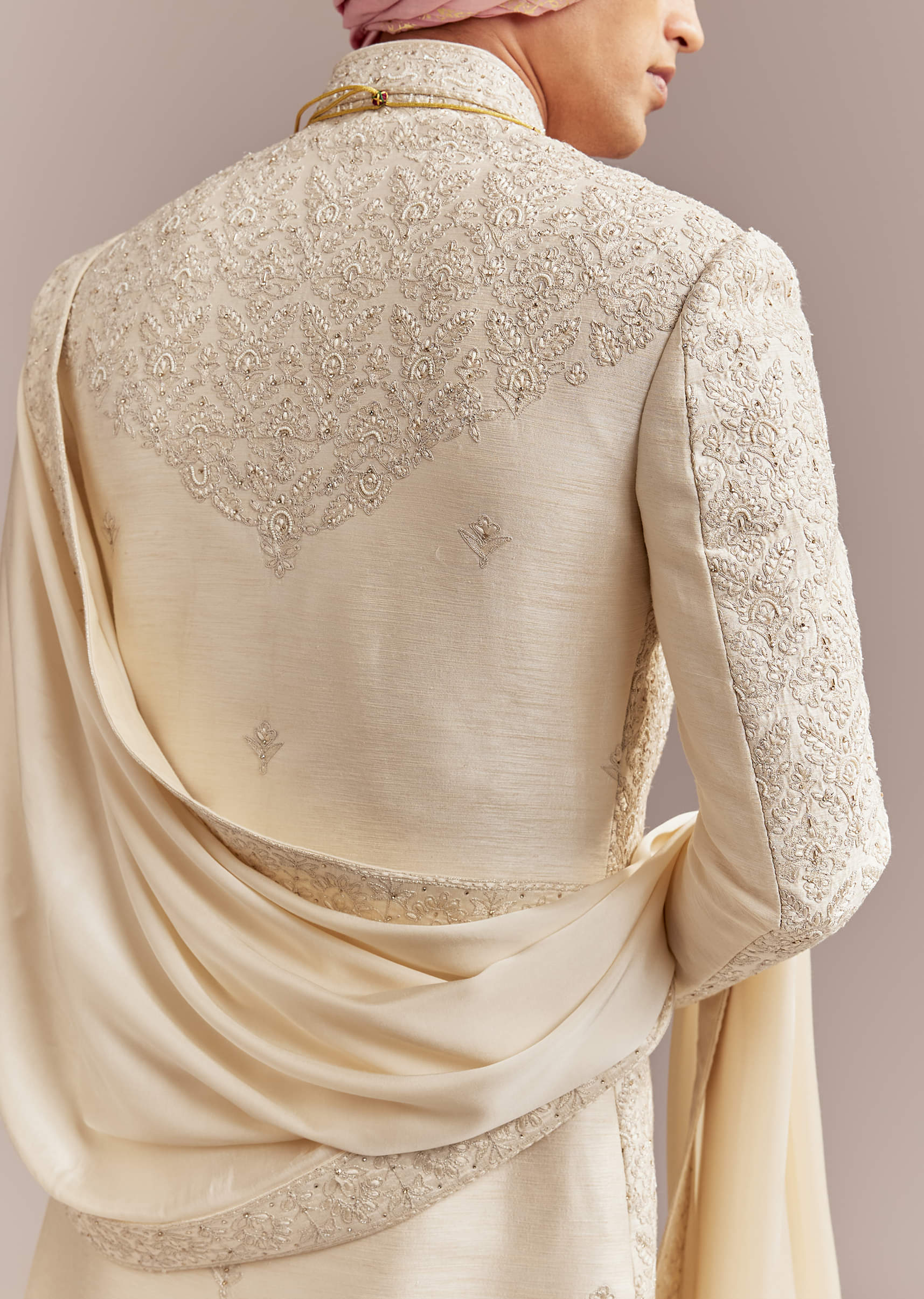 Cream Silk Sherwani For Groom With Floral And Geometric Embroidery - Image 6