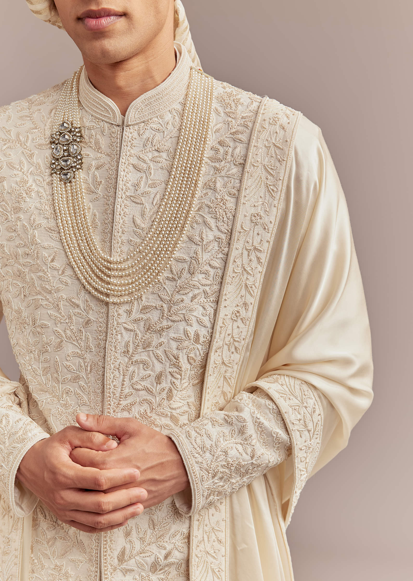 Cream Silk Sherwani For Groom With Floral And Vine Embroidery - Image 2