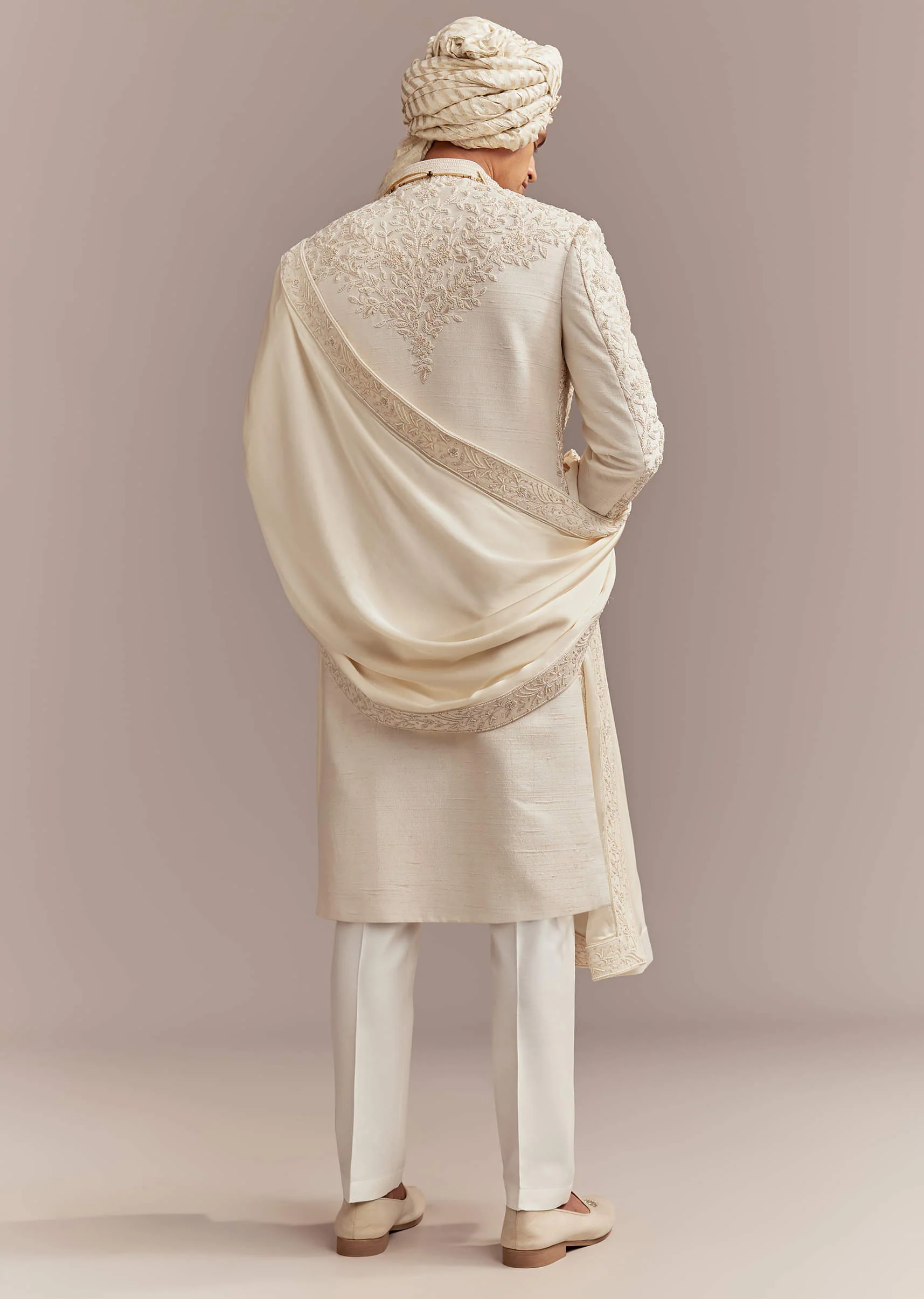 Cream Silk Sherwani For Groom With Floral And Vine Embroidery - Image 5