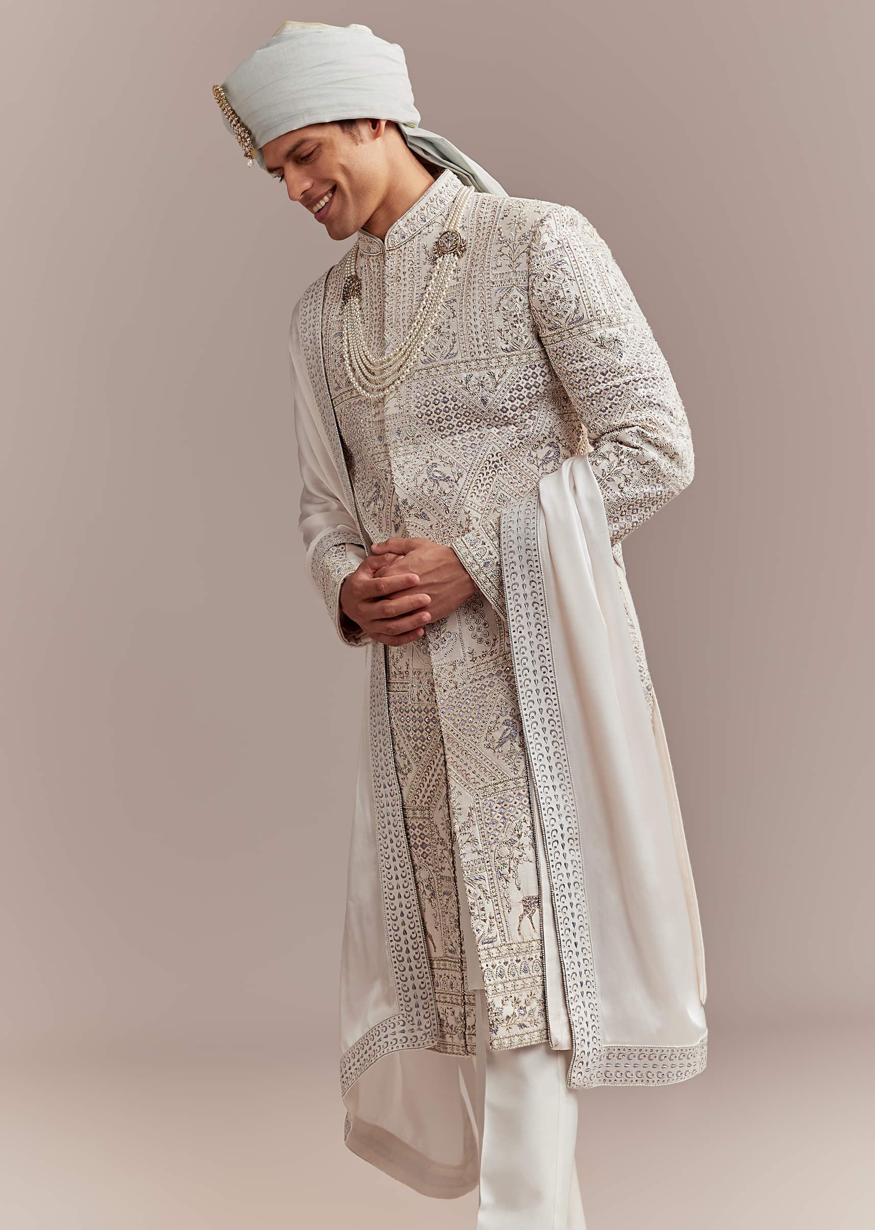 Cream Silk Sherwani For Groom With Handcrafted Embroidery - Image 4
