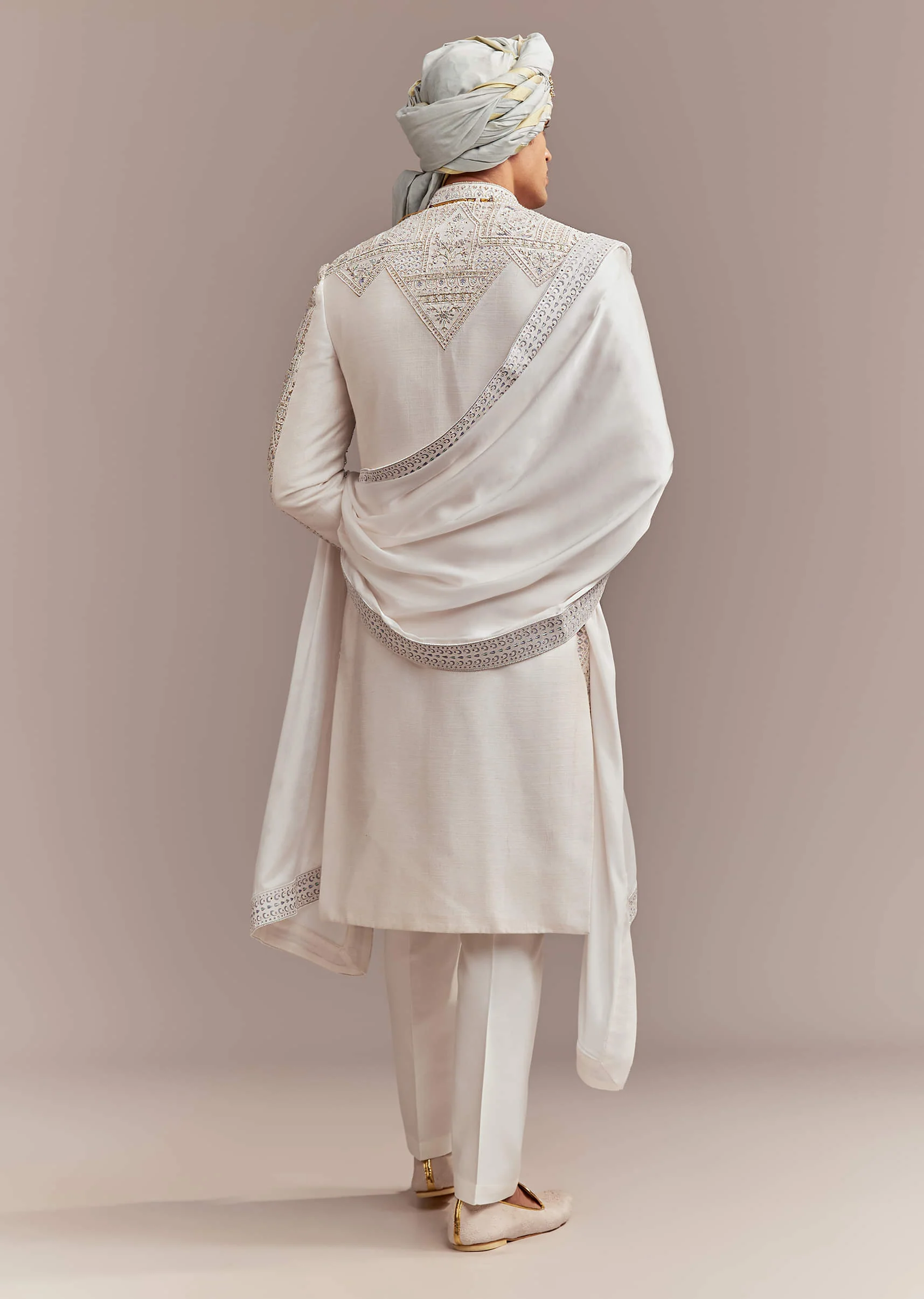 Cream Silk Sherwani For Groom With Handcrafted Embroidery - Image 5