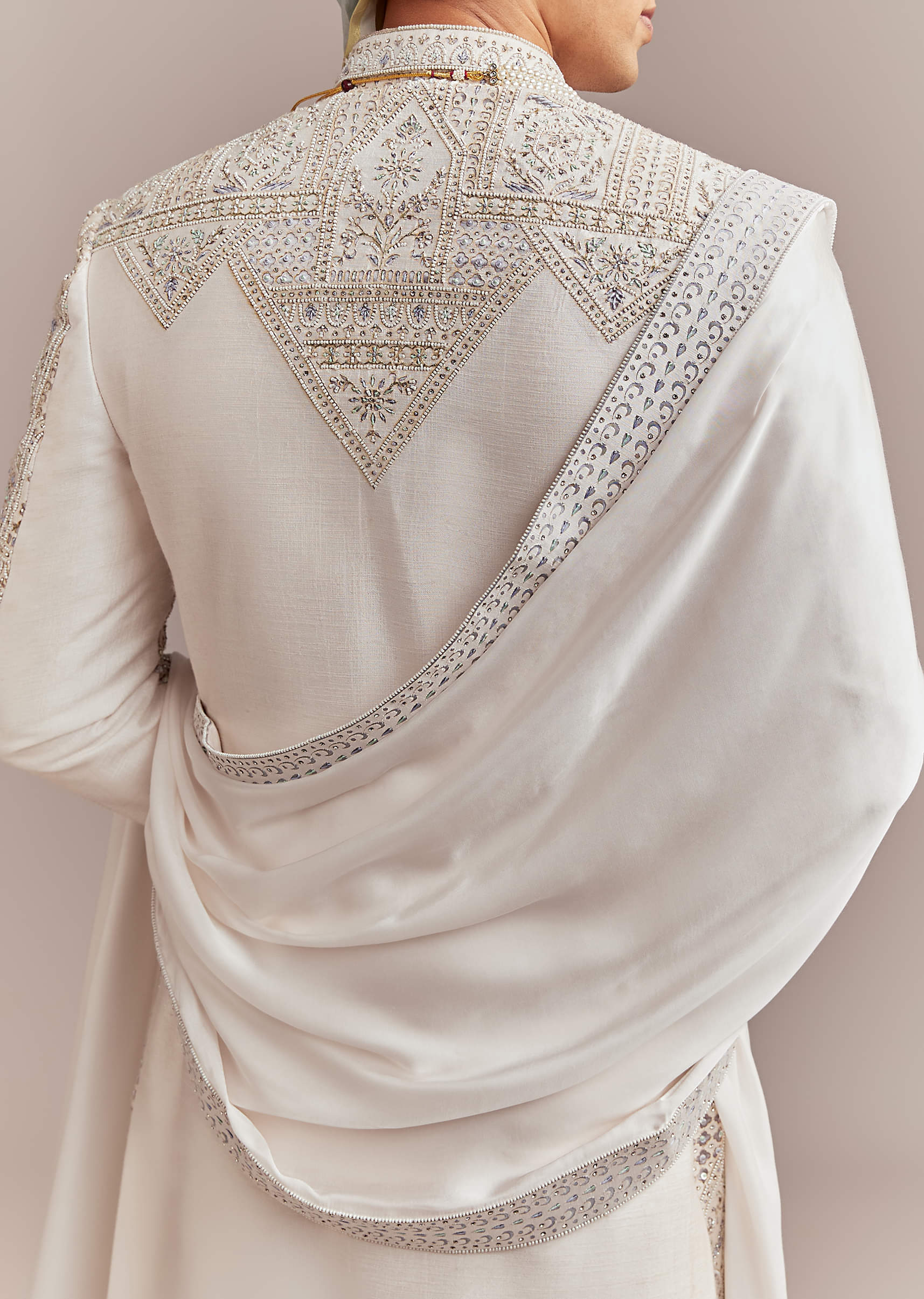 Cream Silk Sherwani For Groom With Handcrafted Embroidery - Image 6