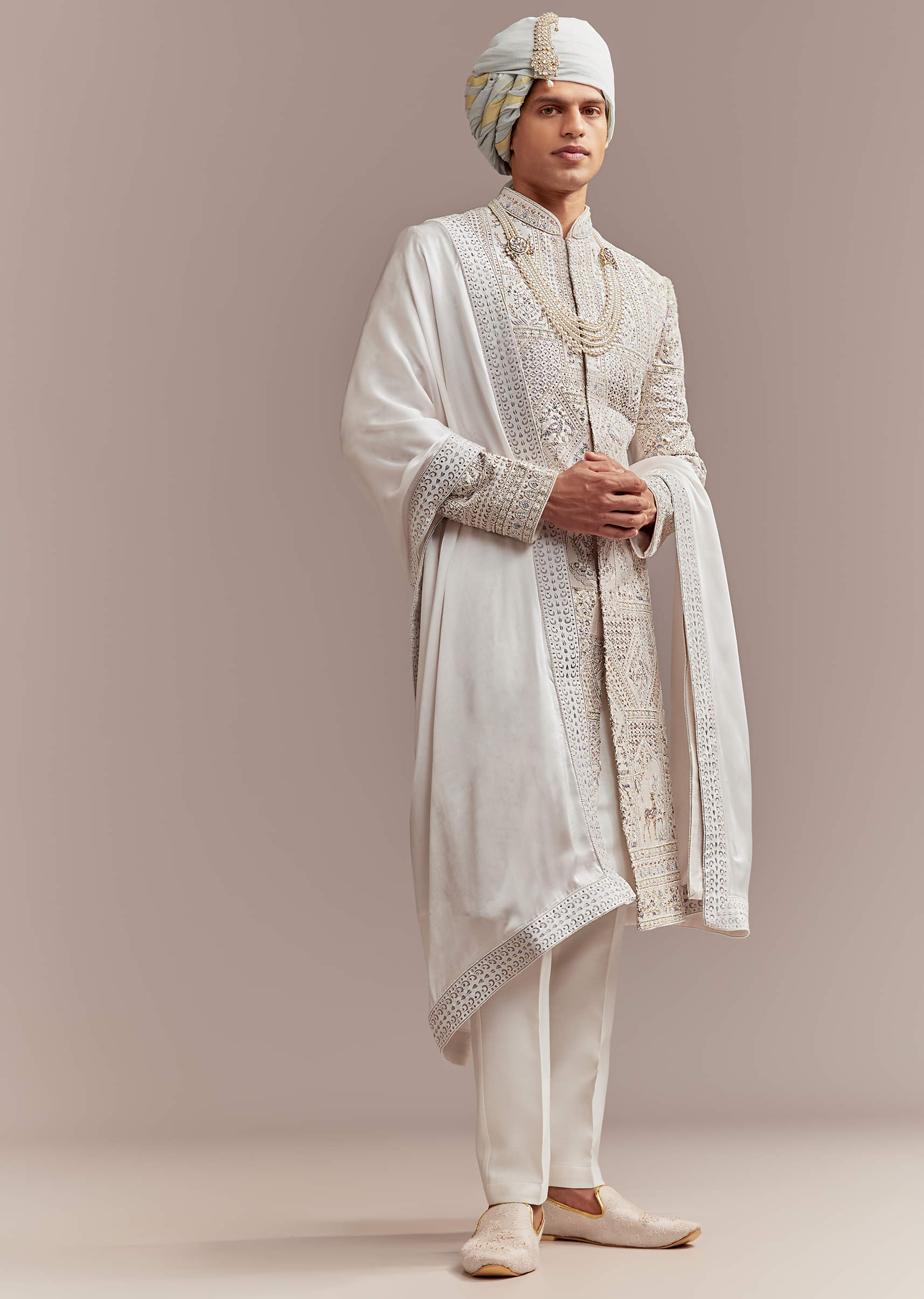 Cream Silk Sherwani For Groom With Handcrafted Embroidery - Image 9