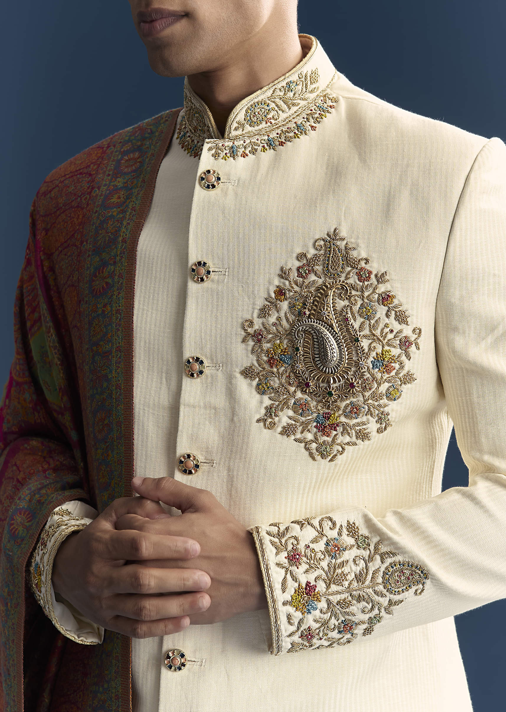 Cream Silk Sherwani For Groom With Intricate Hand Embroidery - Image 2