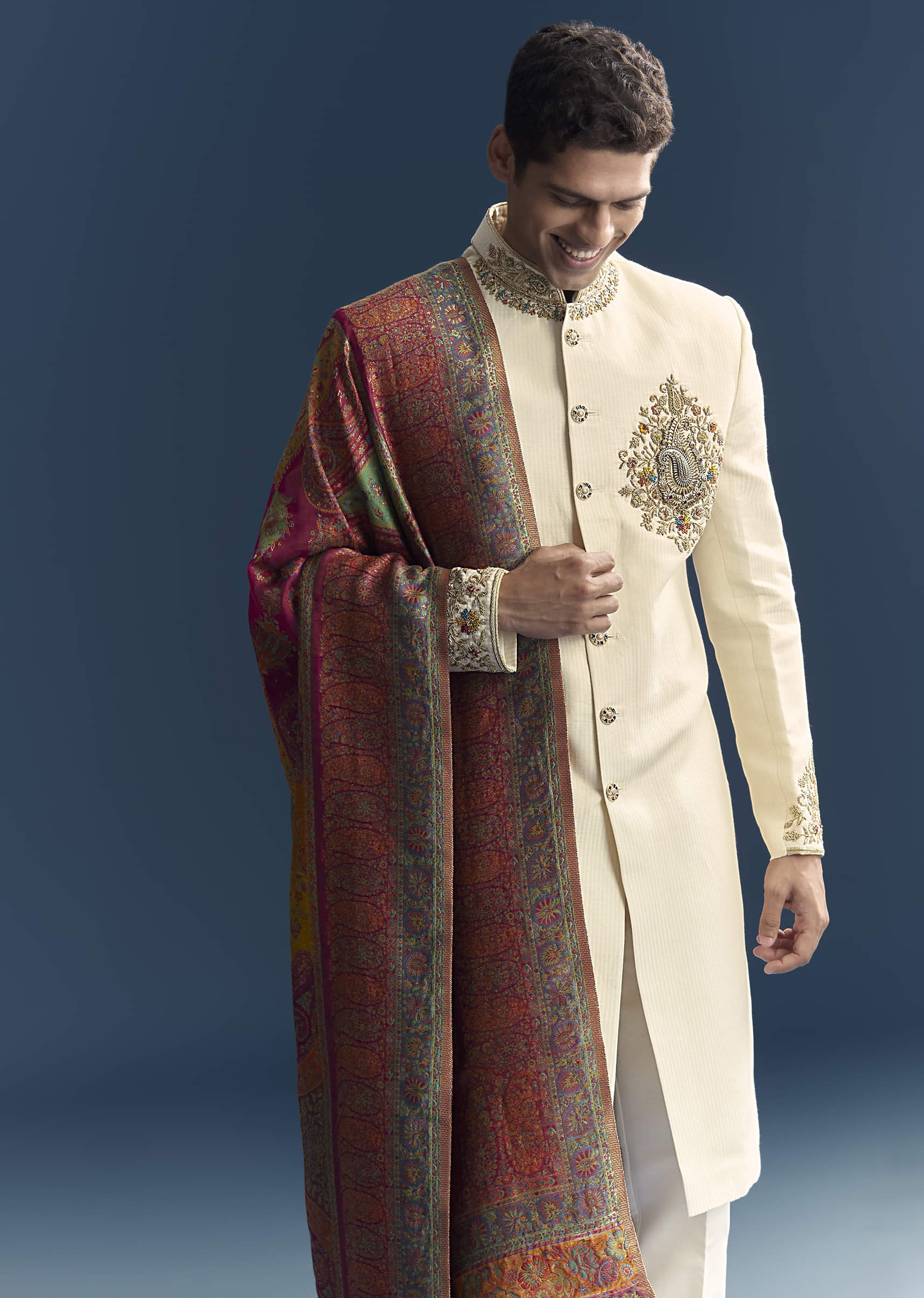 Cream Silk Sherwani For Groom With Intricate Hand Embroidery - Image 4
