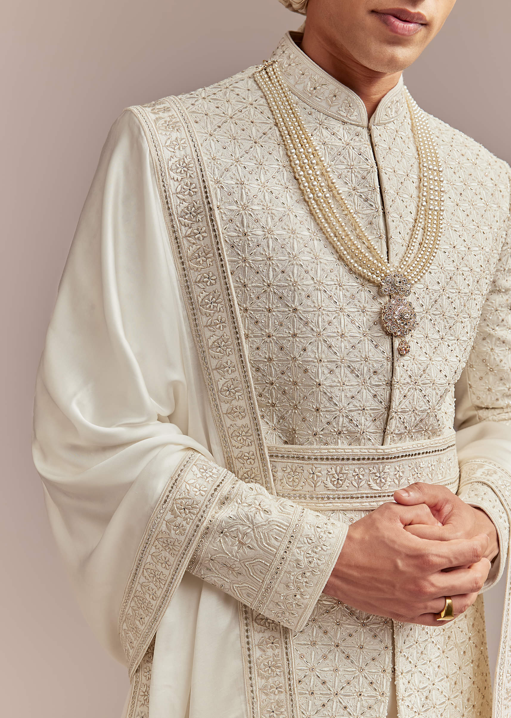 Cream Silk Sherwani For Groom With Mughal Inspired Motifs - Image 2