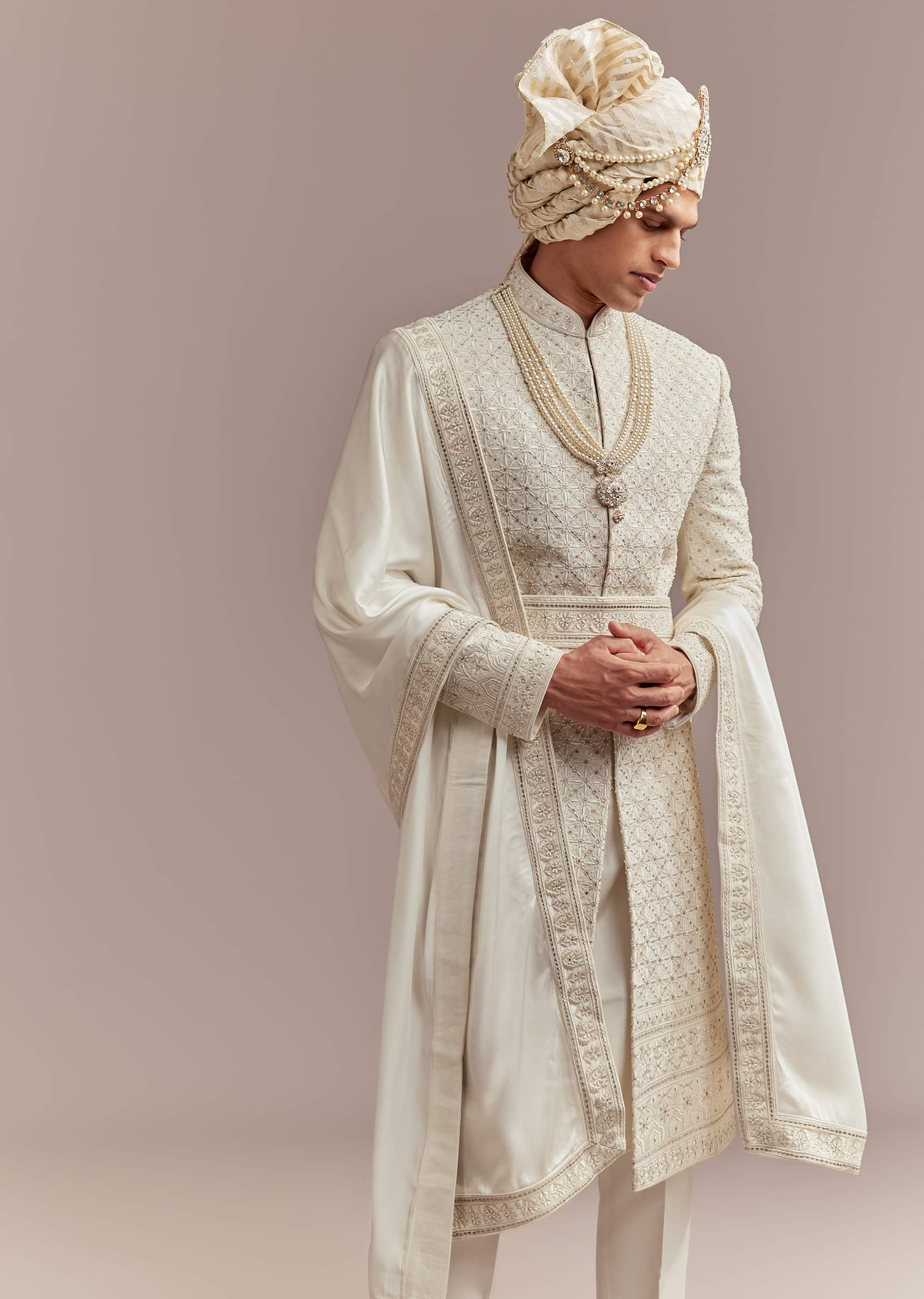 Cream Silk Sherwani For Groom With Mughal Inspired Motifs - Image 4