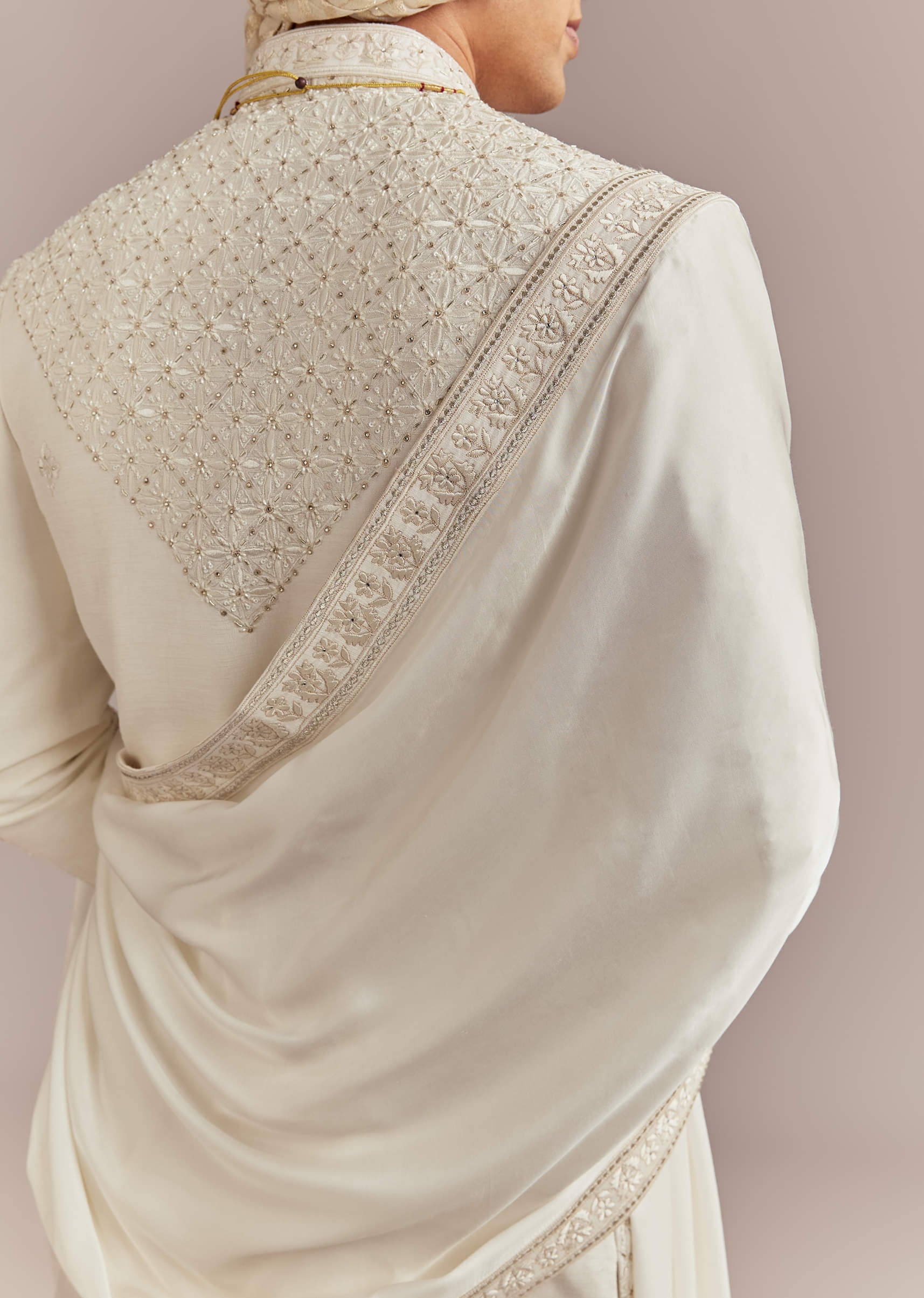 Cream Silk Sherwani For Groom With Mughal Inspired Motifs - Image 6