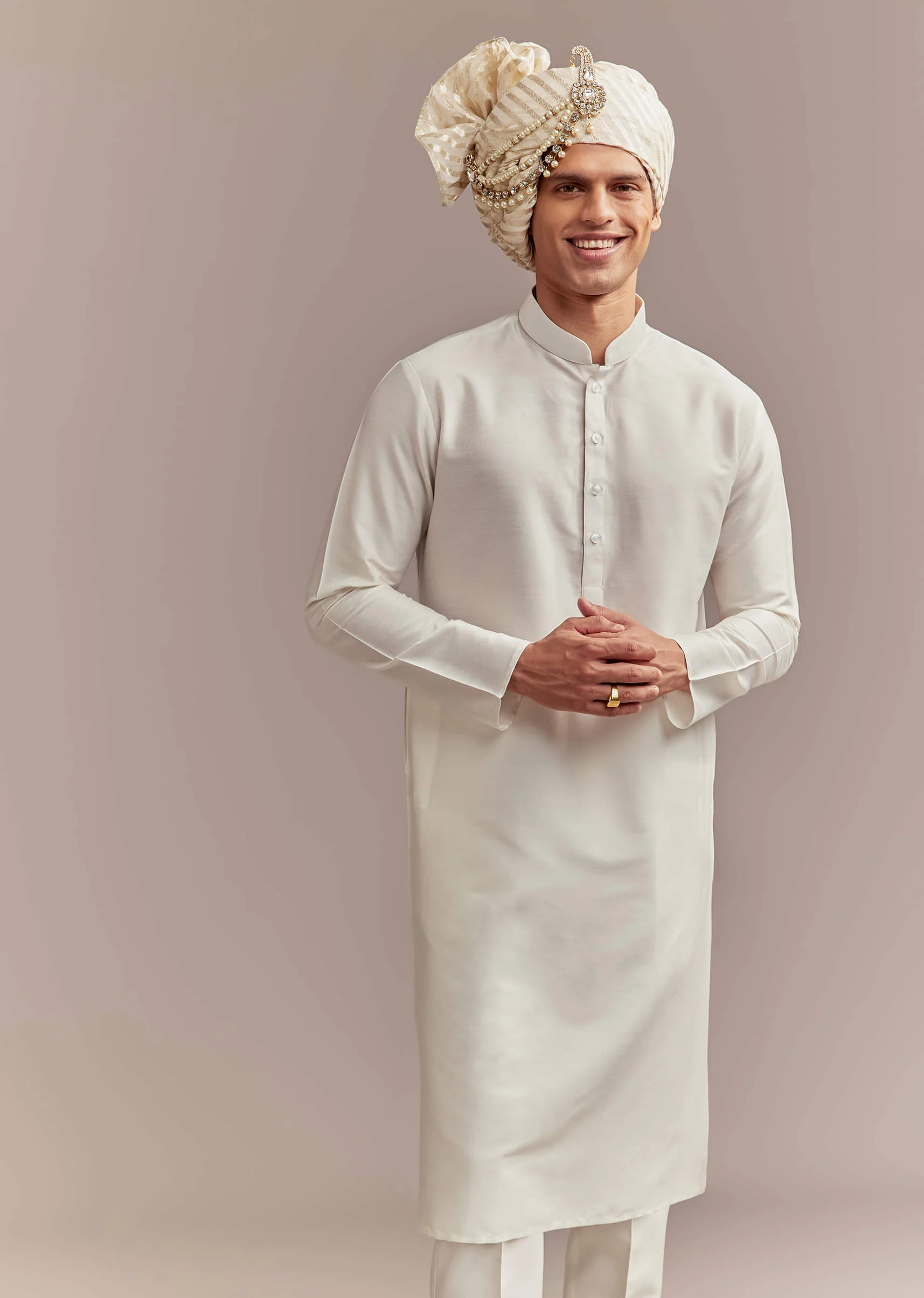 Cream Silk Sherwani For Groom With Mughal Inspired Motifs - Image 7
