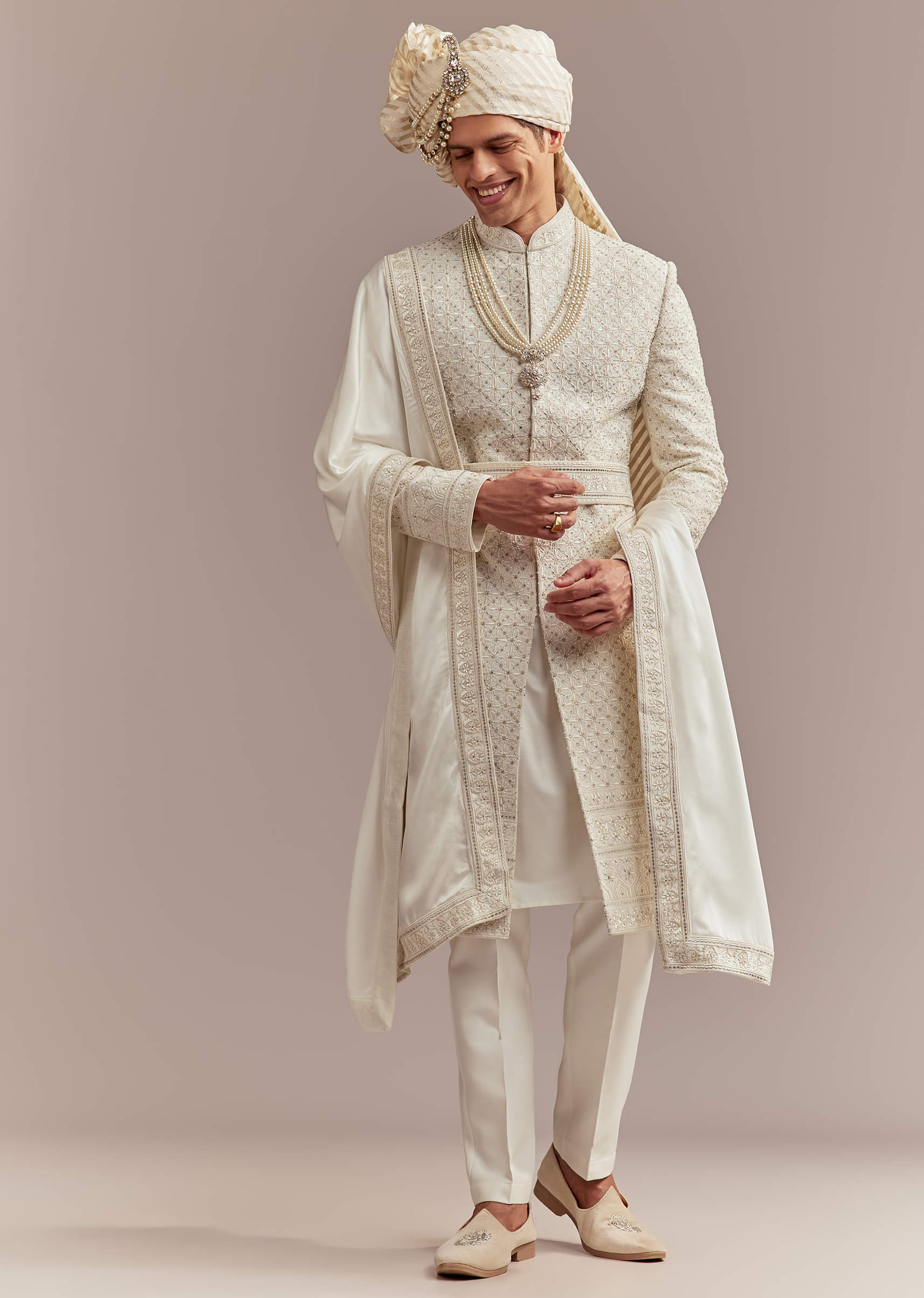 Cream Silk Sherwani For Groom With Mughal Inspired Motifs - Image 9