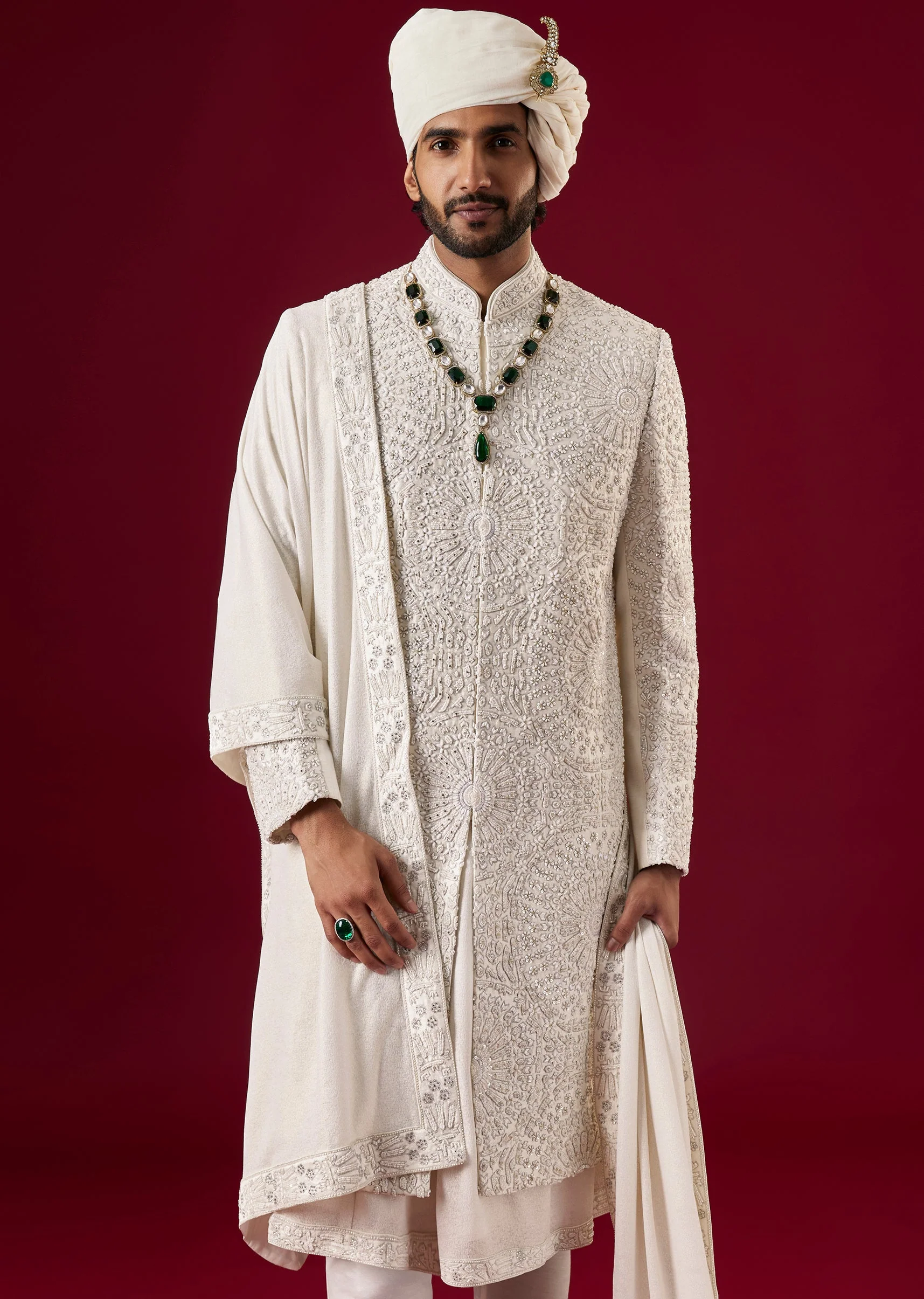 Cream Silk Sherwani Set With Zari Sequin Work - Image 2