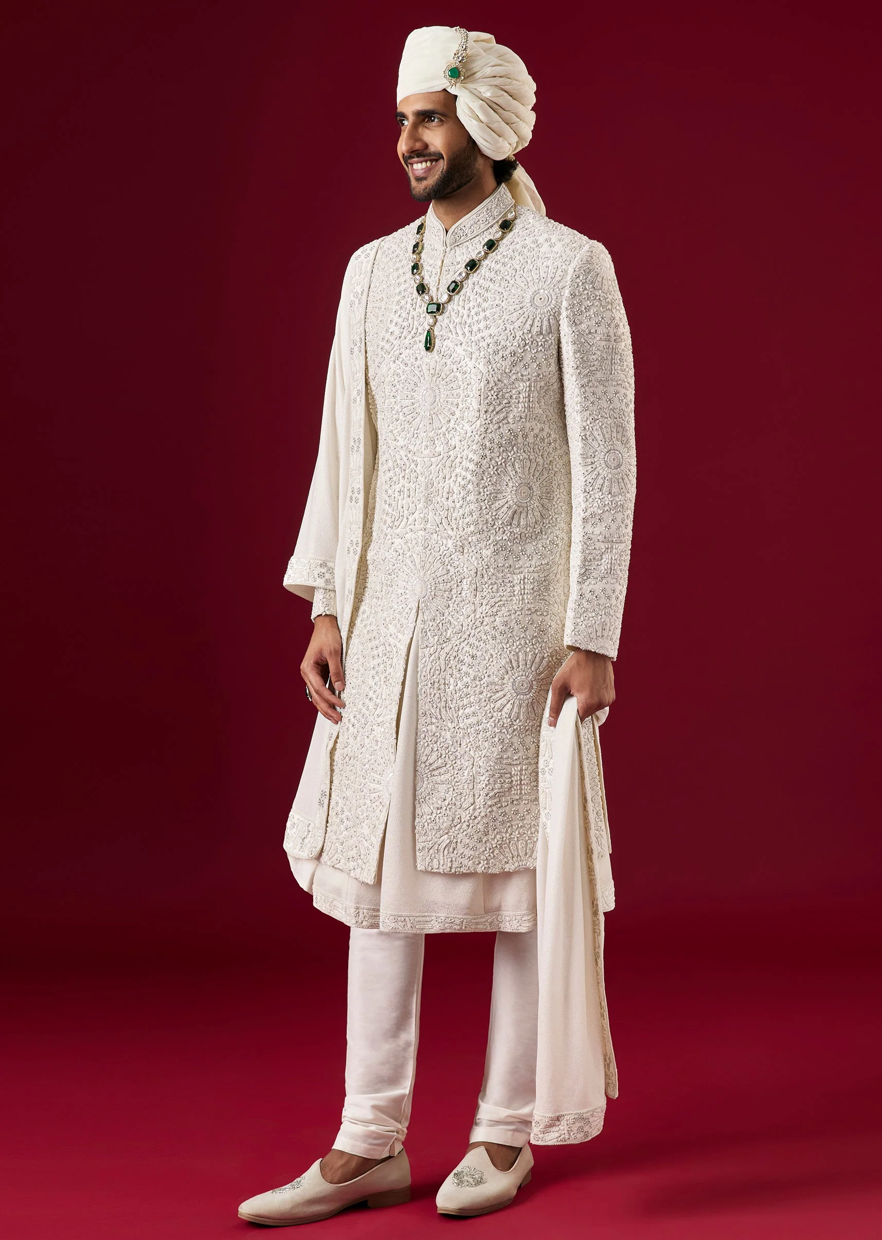 Cream Silk Sherwani Set With Zari Sequin Work - Image 3