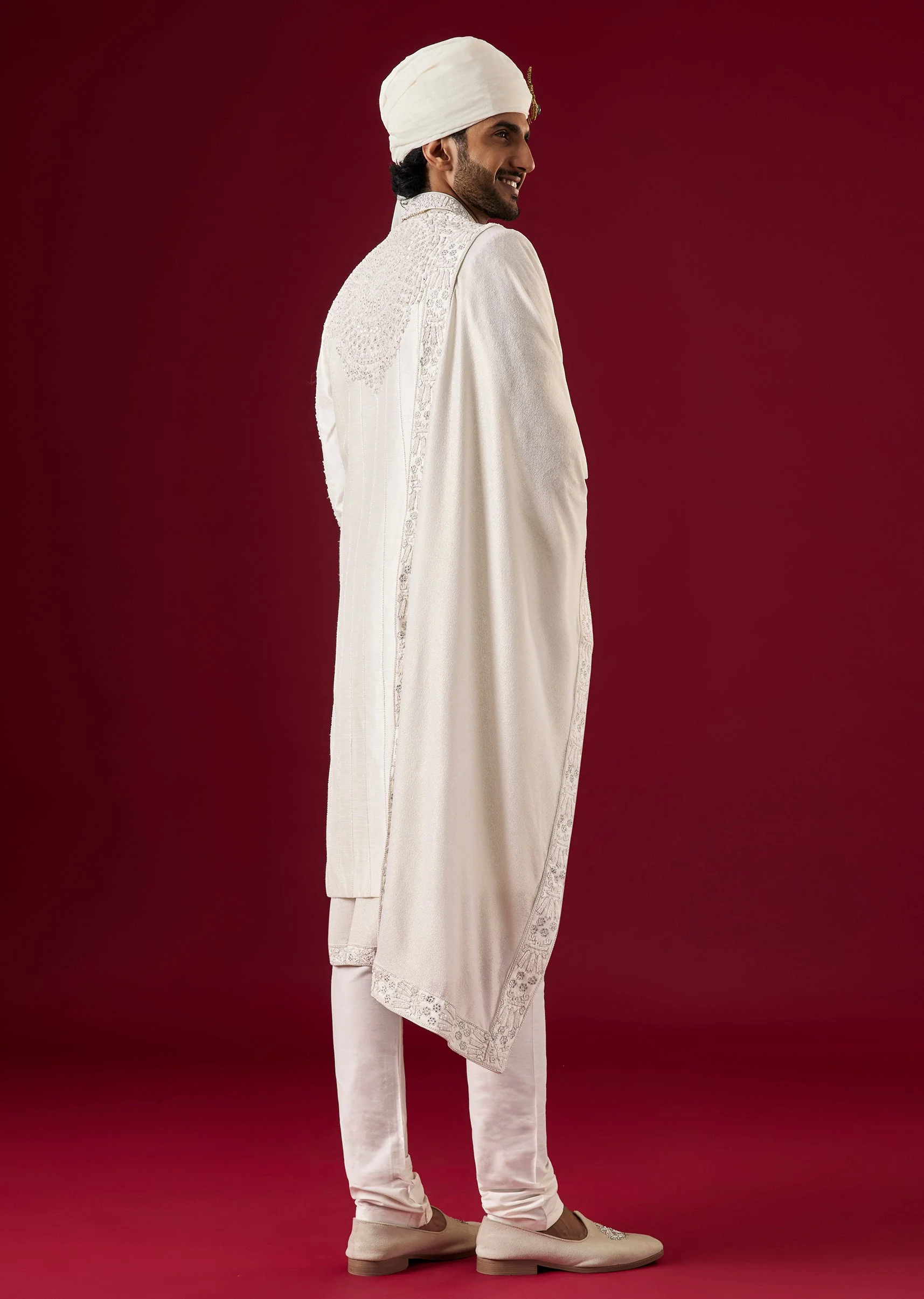 Cream Silk Sherwani Set With Zari Sequin Work - Image 6
