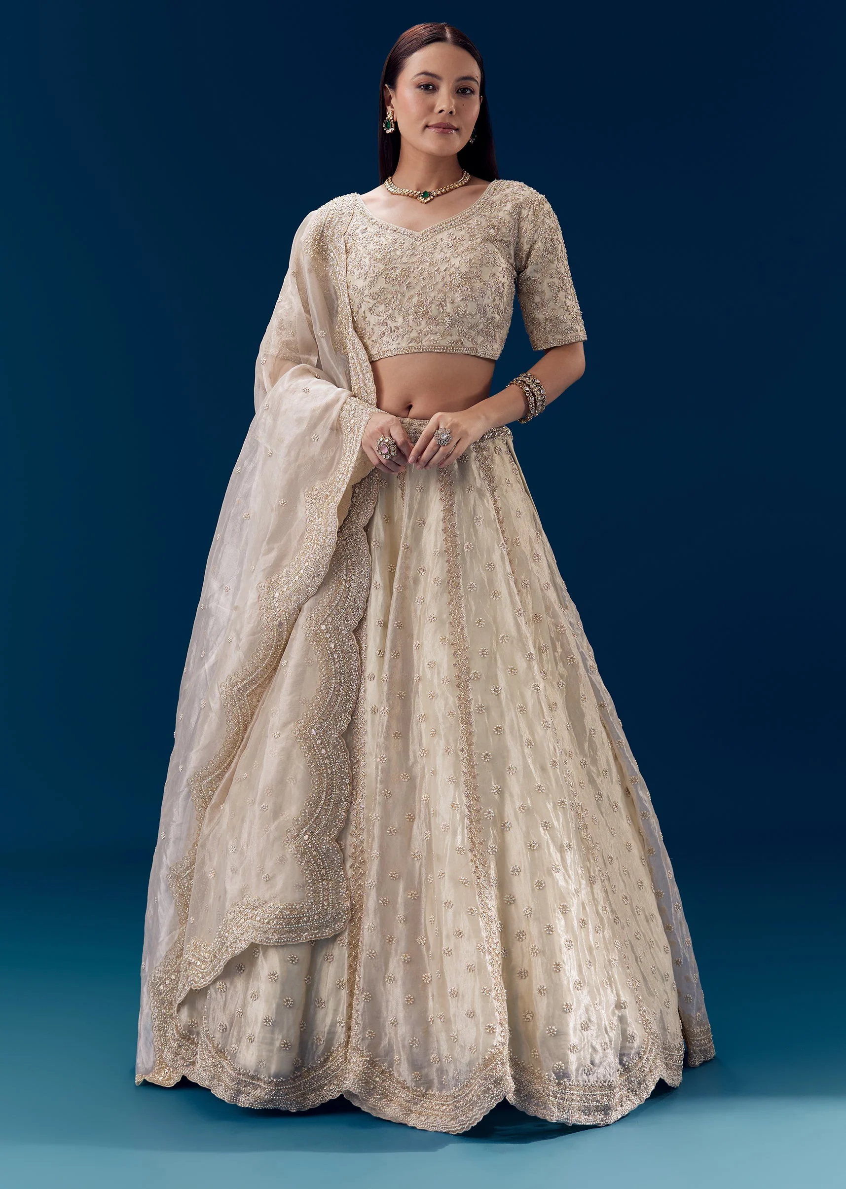 Cream Thread Embroidered Bridal Lehenga Set