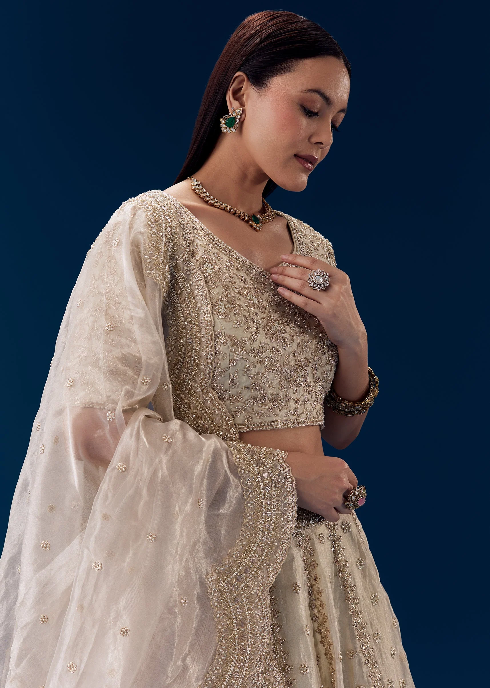 Cream Thread Embroidered Bridal Lehenga Set - Image 3