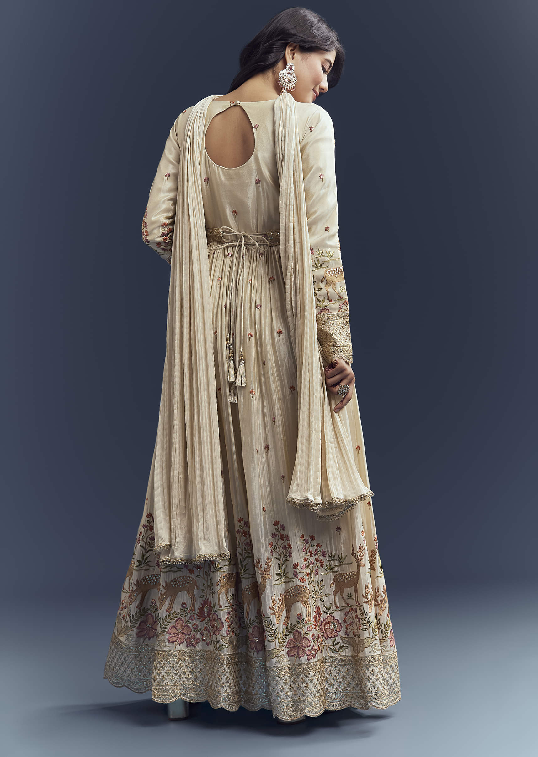 Cream Tissue Anarkali Suit With Delicate Resham Embroidery - Image 3