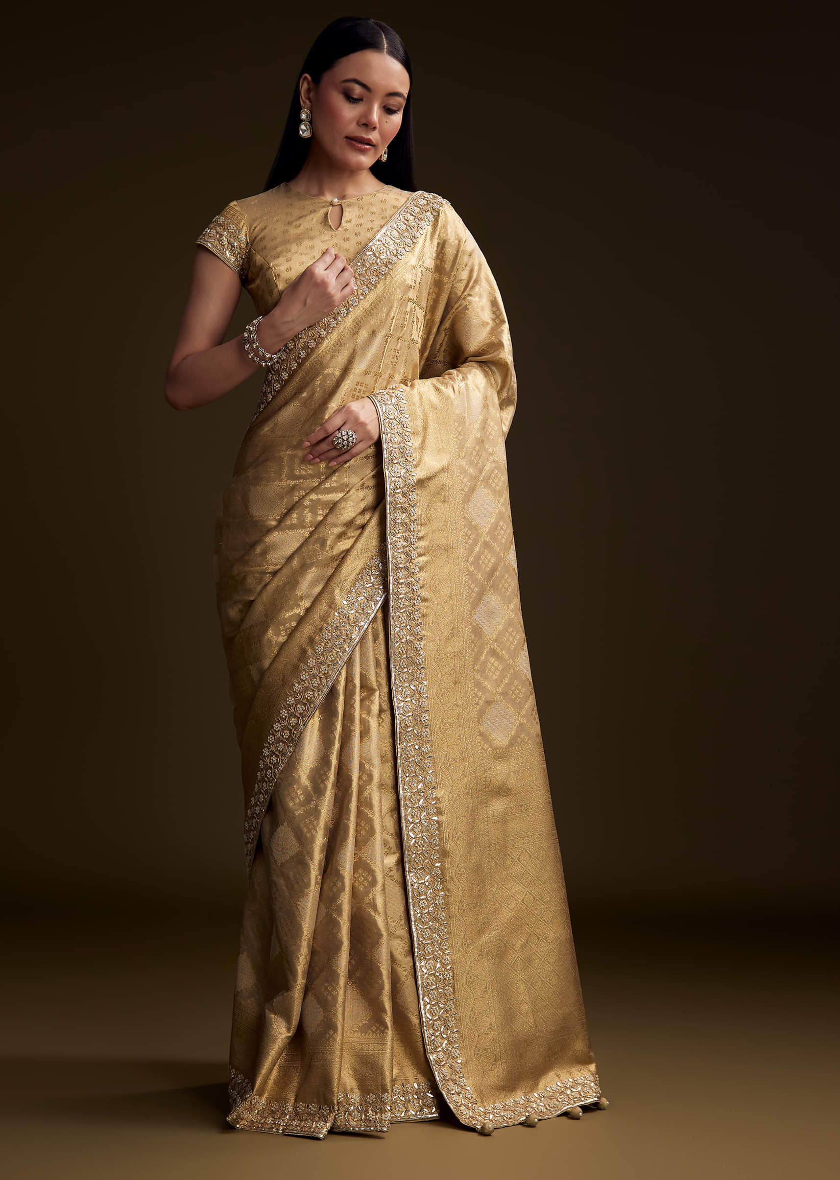 Cream Tissue Brocade Saree With Gotapatti And Moti Embroidery - Image 10