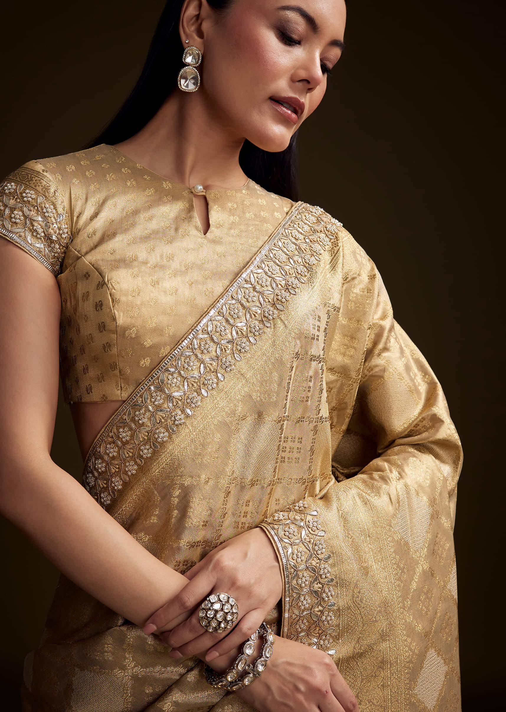 Cream Tissue Brocade Saree With Gotapatti And Moti Embroidery - Image 2