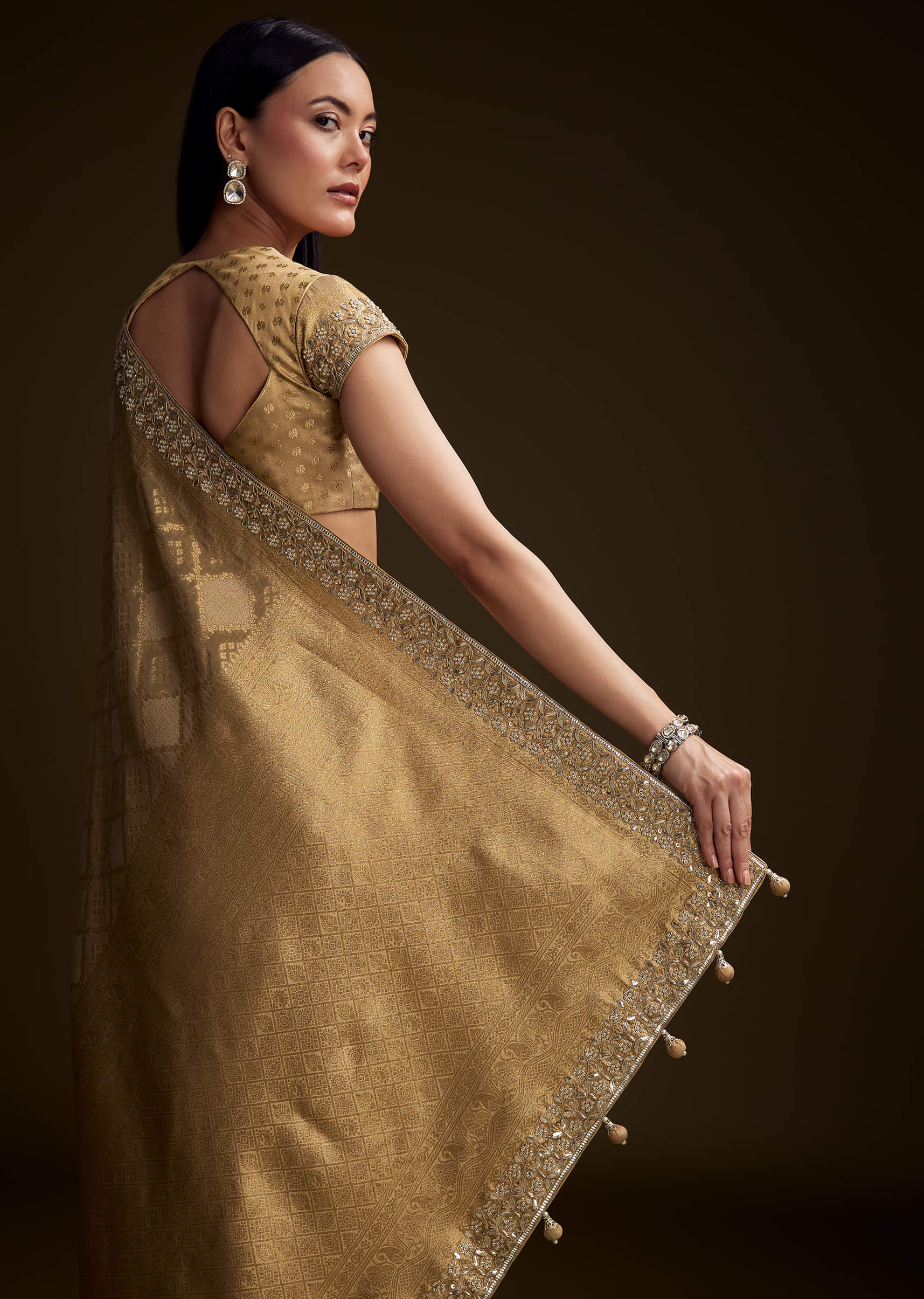 Cream Tissue Brocade Saree With Gotapatti And Moti Embroidery - Image 5