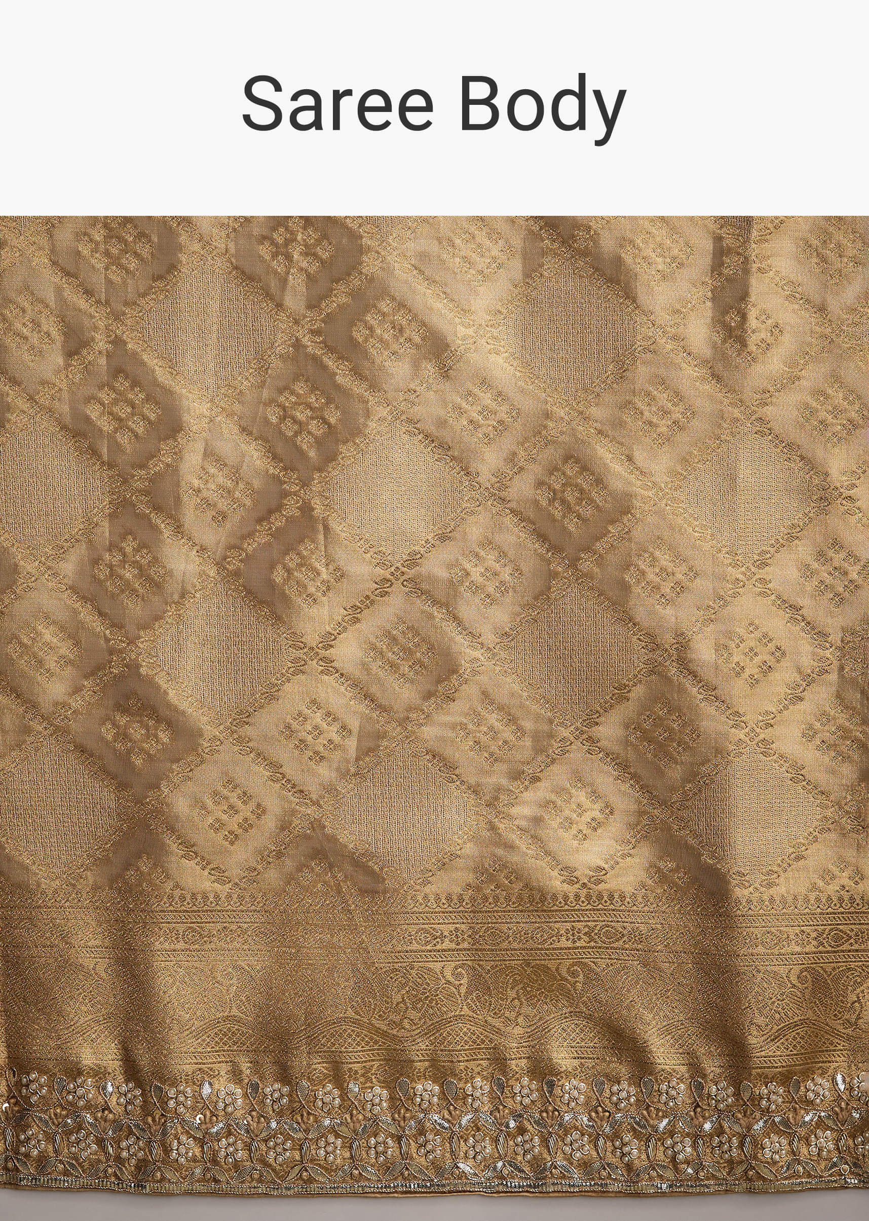 Cream Tissue Brocade Saree With Gotapatti And Moti Embroidery - Image 8