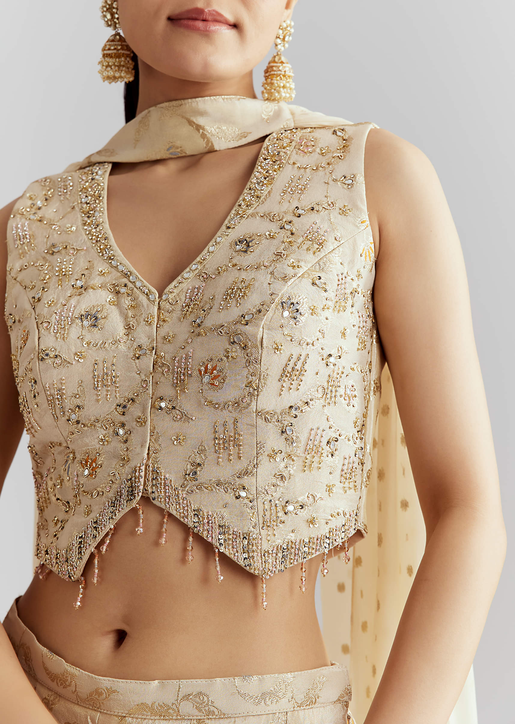 Cream Tissue Crop Top And Palazzo Pant Set With Embroidery - Image 2