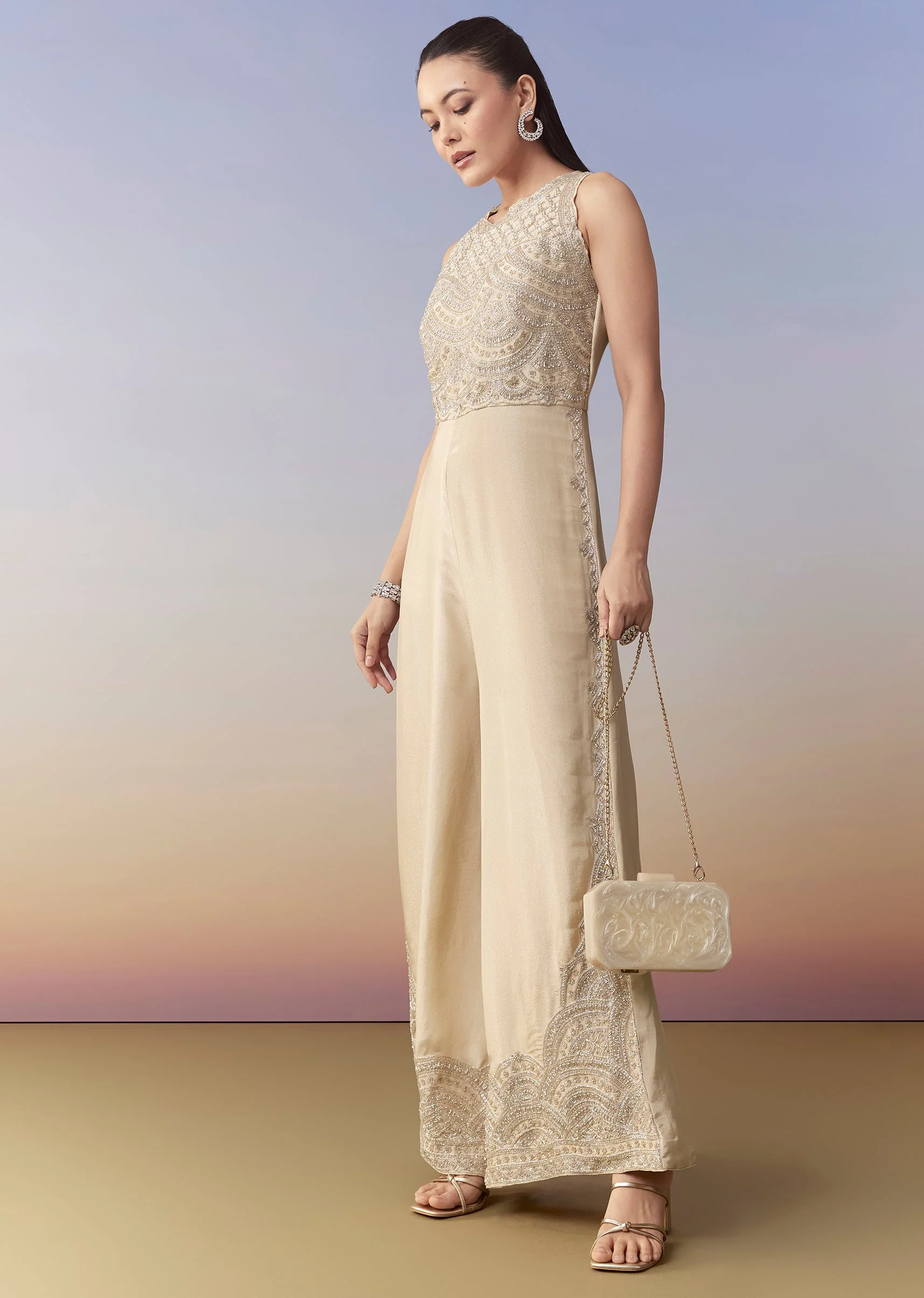 Cream Tissue Embellished Jumpsuit - Image 3