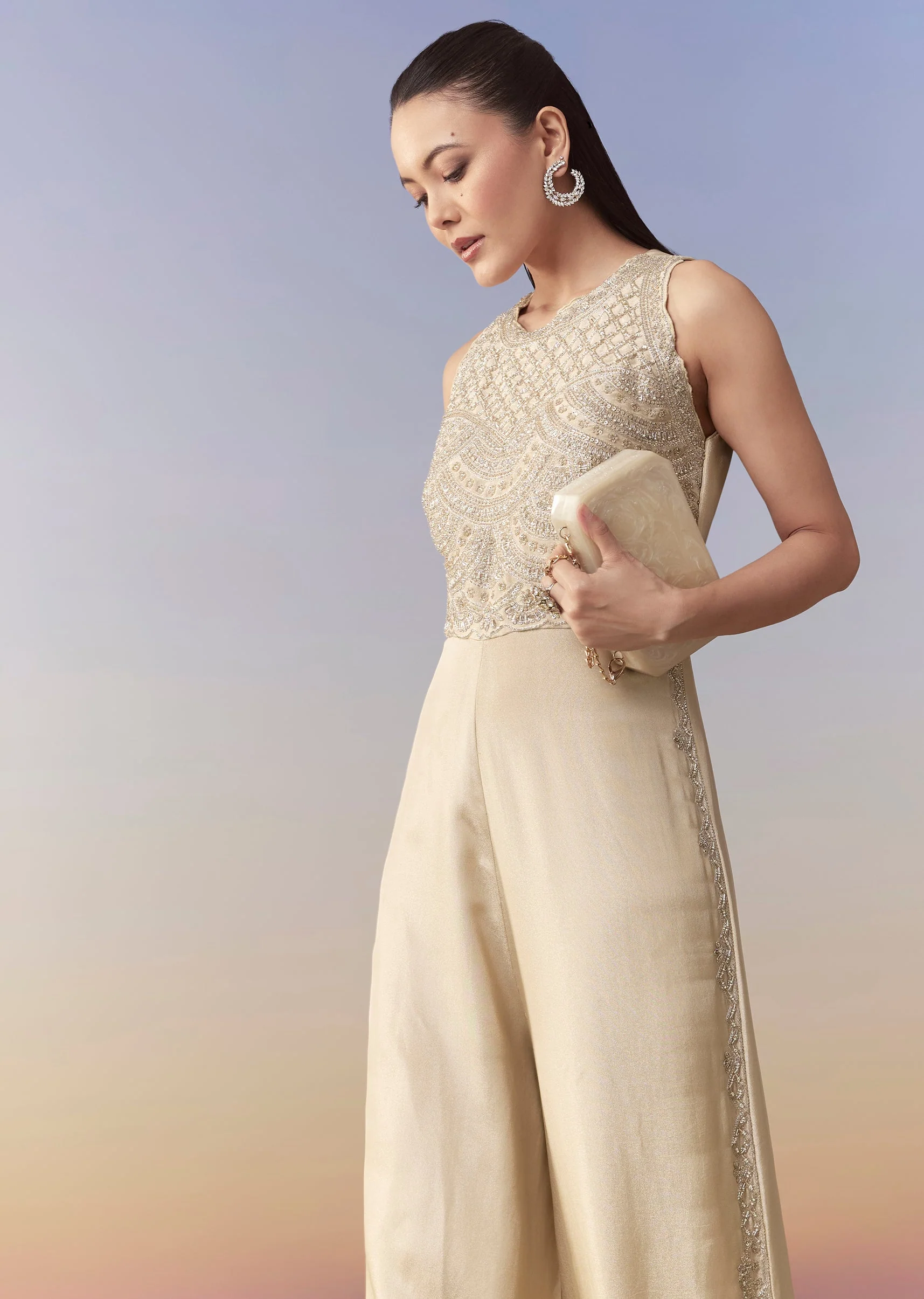 Cream Tissue Embellished Jumpsuit - Image 4