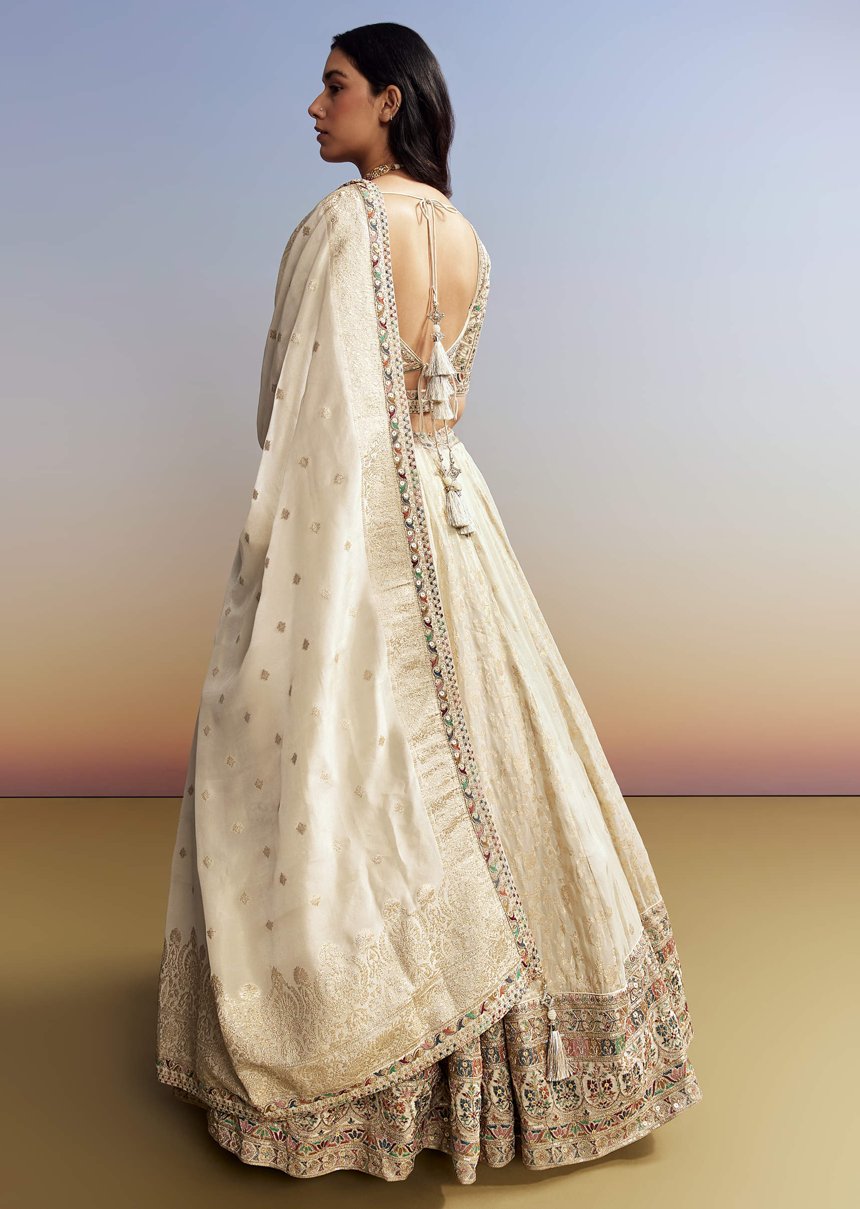 Cream Tissue Embroidered Bridesmaid Lehenga - Image 4