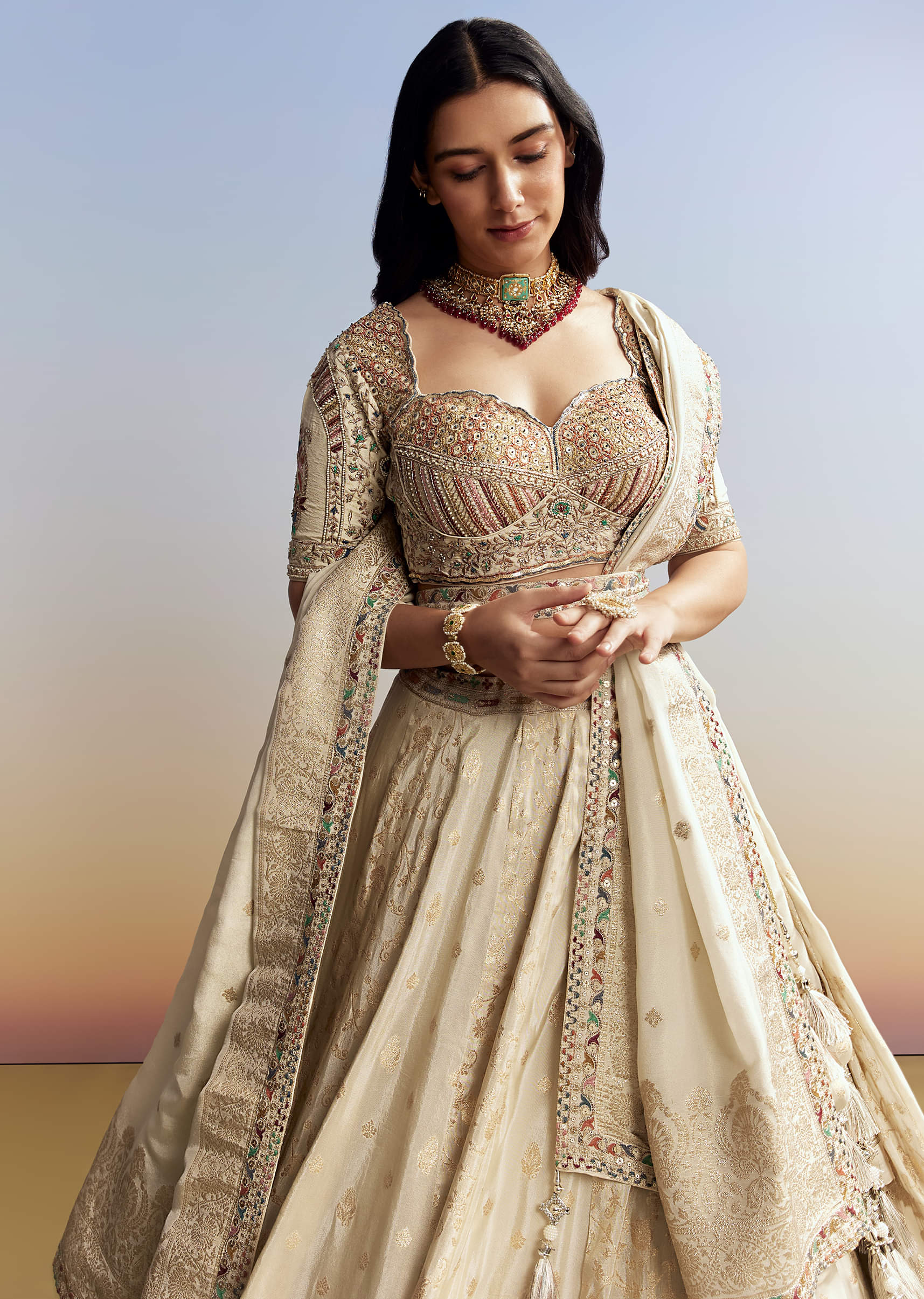 Cream Tissue Embroidered Bridesmaid Lehenga - Image 5