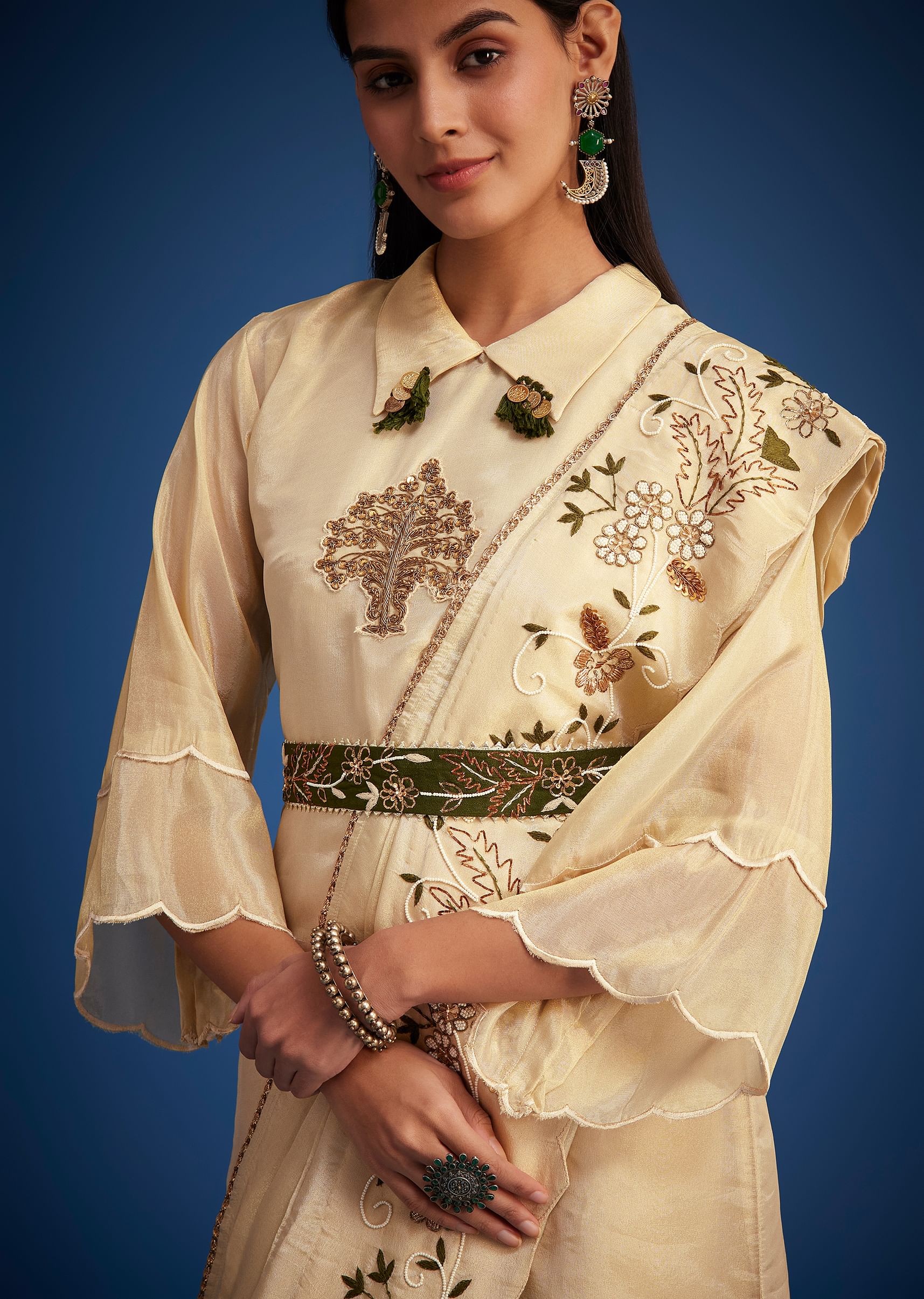 Cream Tissue Embroidered Dhoti Set - Image 2