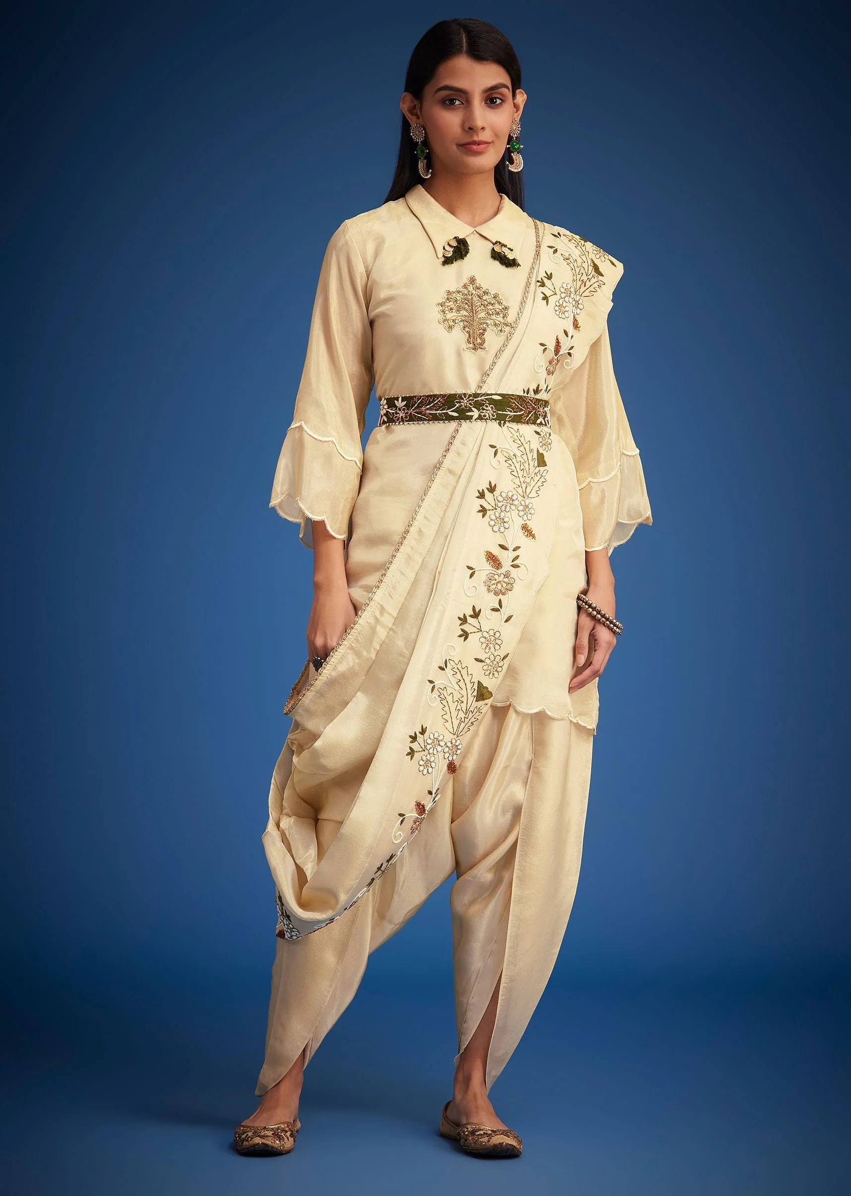 Cream Tissue Embroidered Dhoti Set - Image 3
