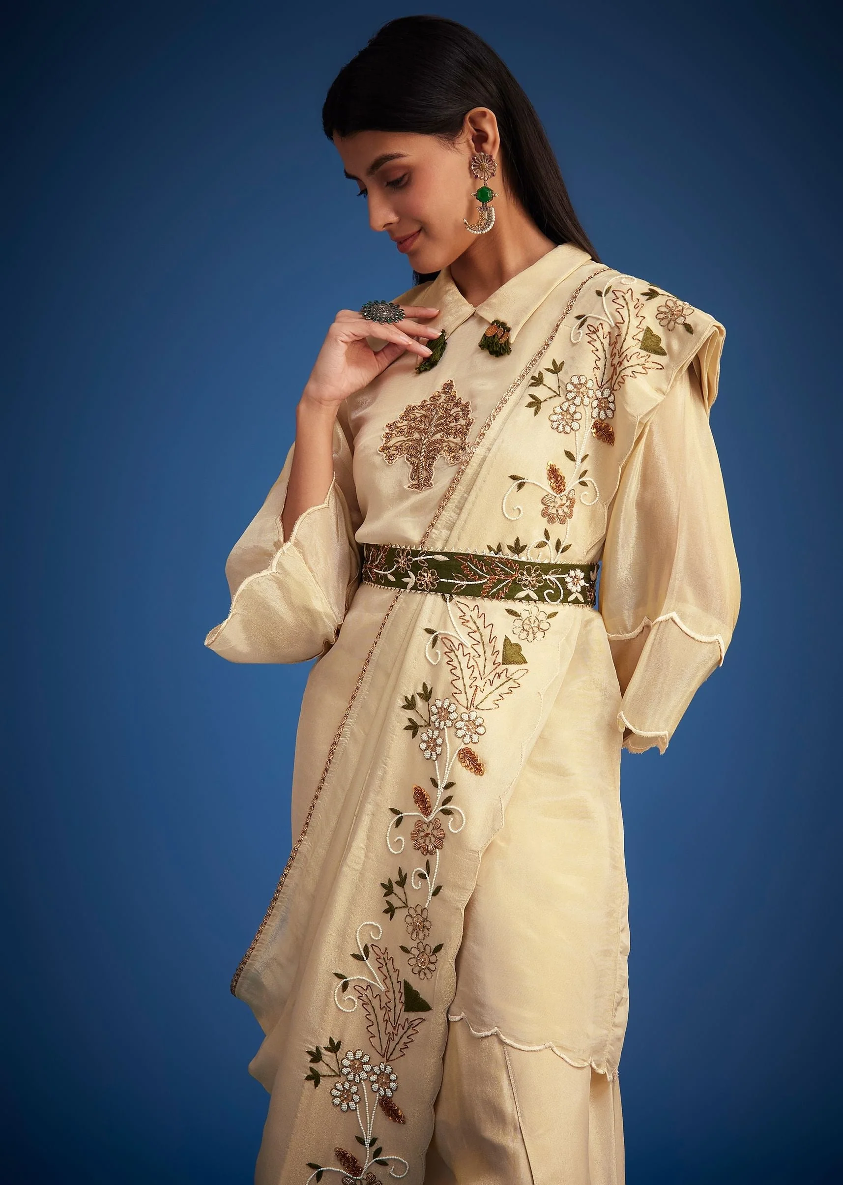 Cream Tissue Embroidered Dhoti Set - Image 4