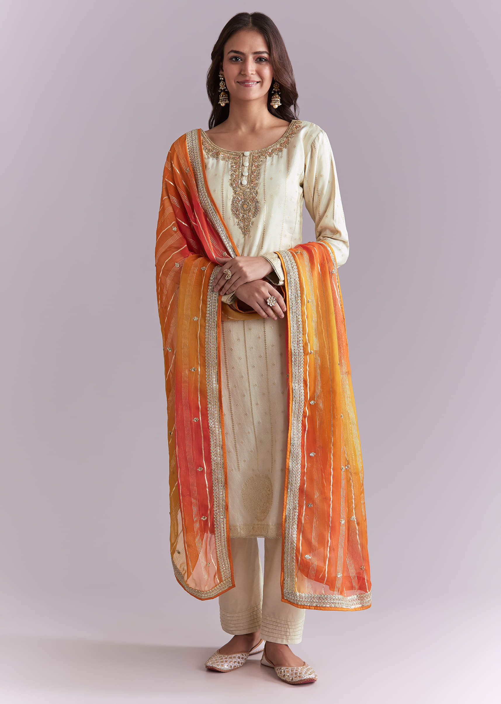 Cream Tissue Kurta Set With Embroidery And Two Tone Dupatta