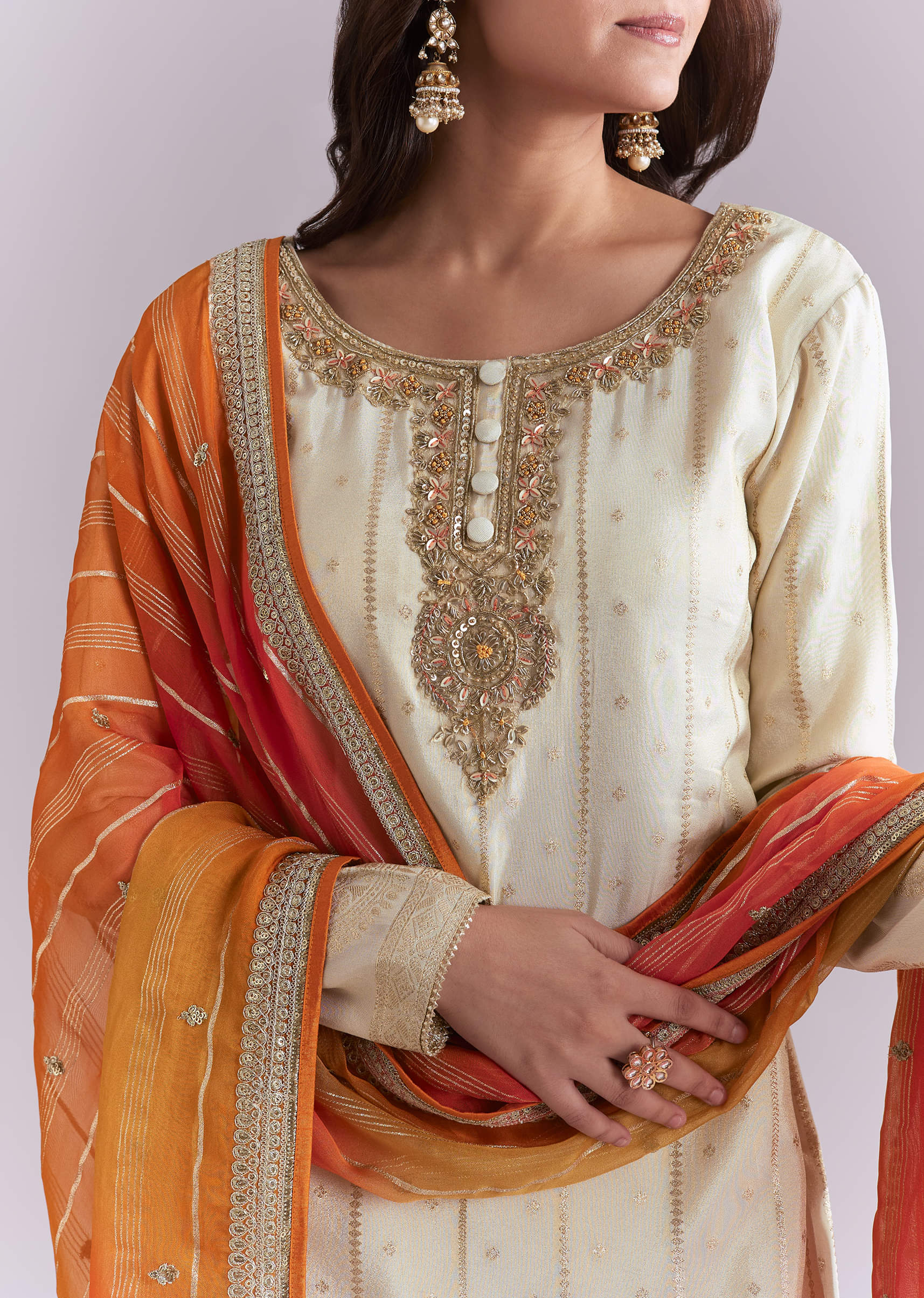 Cream Tissue Kurta Set With Embroidery And Two Tone Dupatta - Image 2
